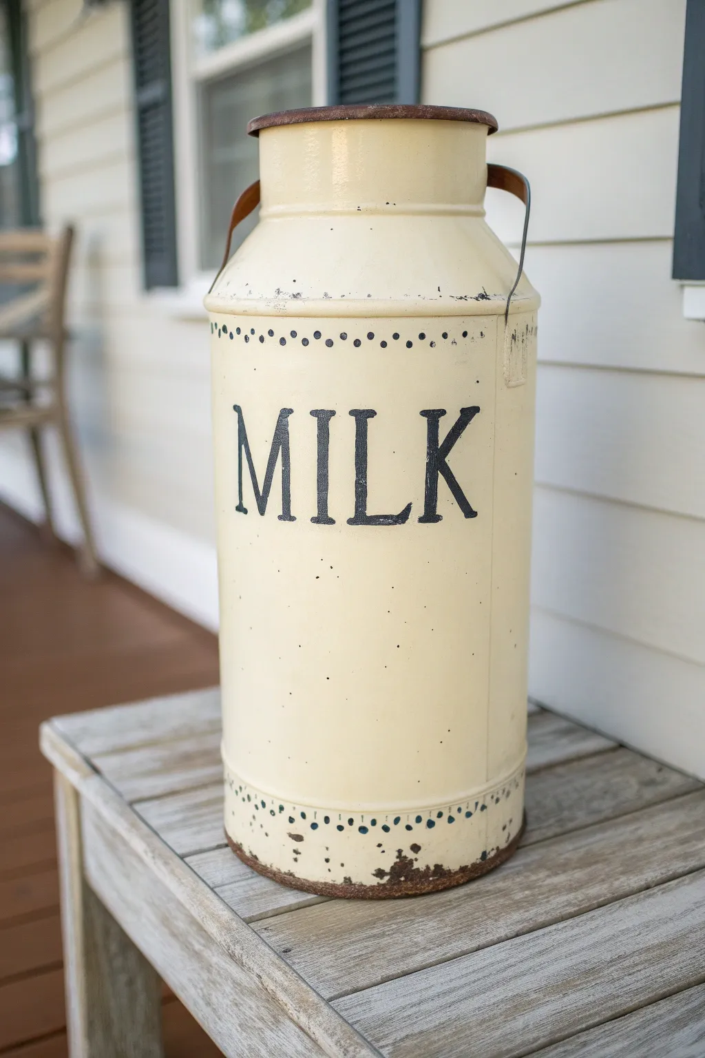 Creamy distressed milk can with bold black MILK lettering for classic farmhouse porch charm