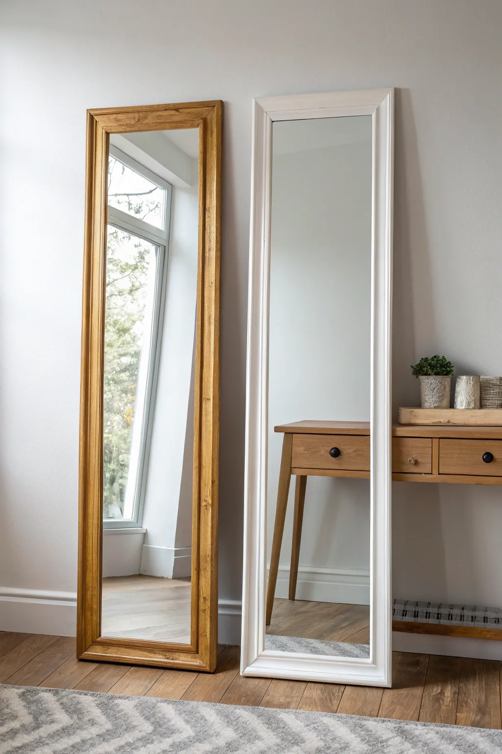 Classic matte white makeover: half-painted mirror frame in bright Nordic light, subtle boho vibe.