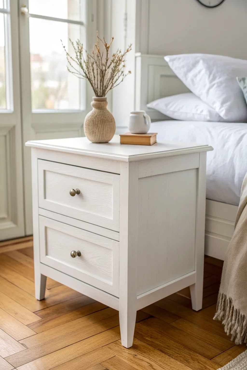 Classic matte white nightstand refresh with crisp linens and warm wood for calm bedroom style