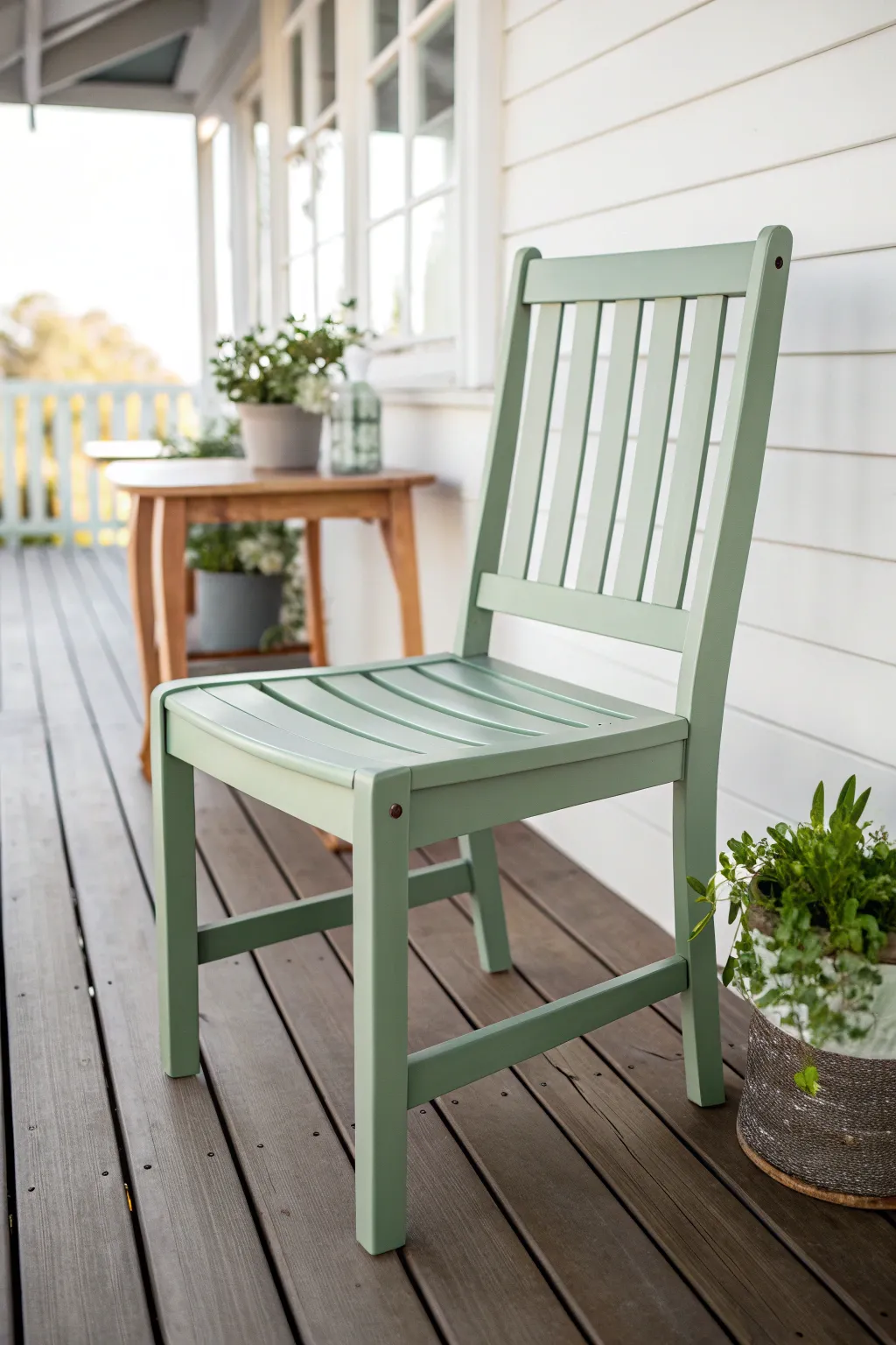 Classic refresh: a soft sage painted outdoor chair with leafy plants for calm porch style.