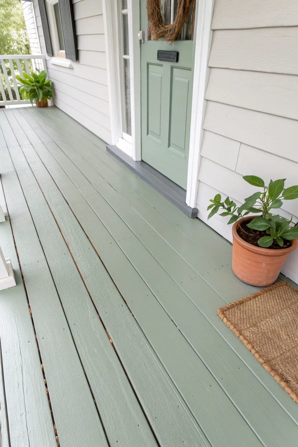 Timeless solid-color porch floor in a calm Scandinavian palette with cozy boho accents
