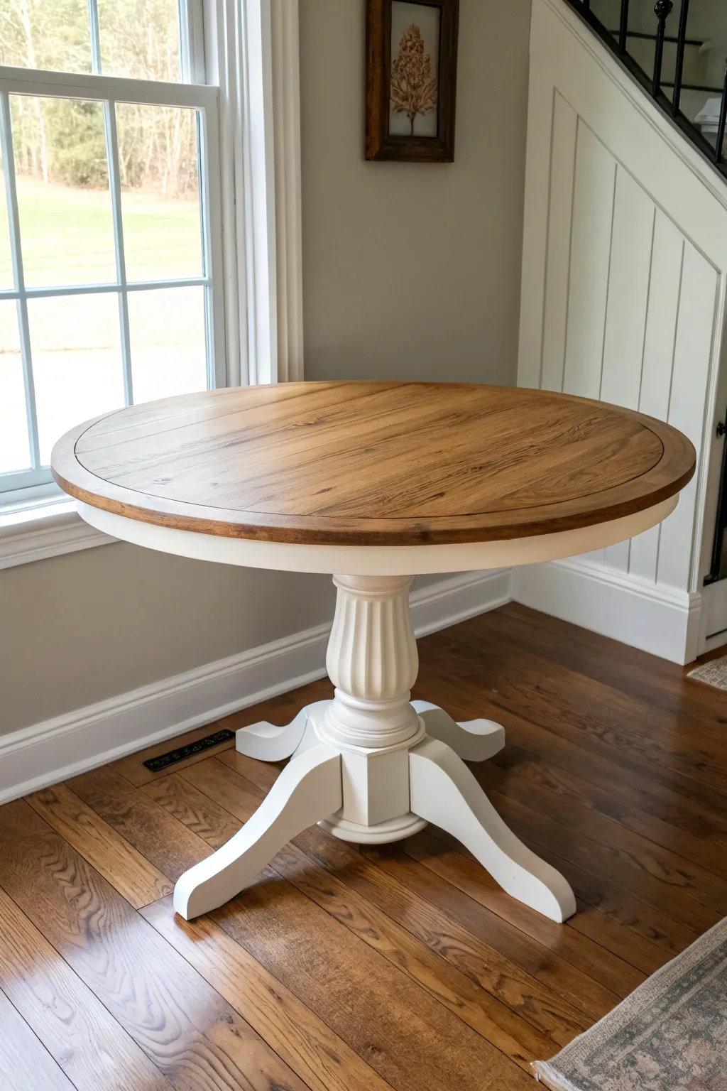 Classic two-tone round table with natural wood top and crisp painted base in soft light