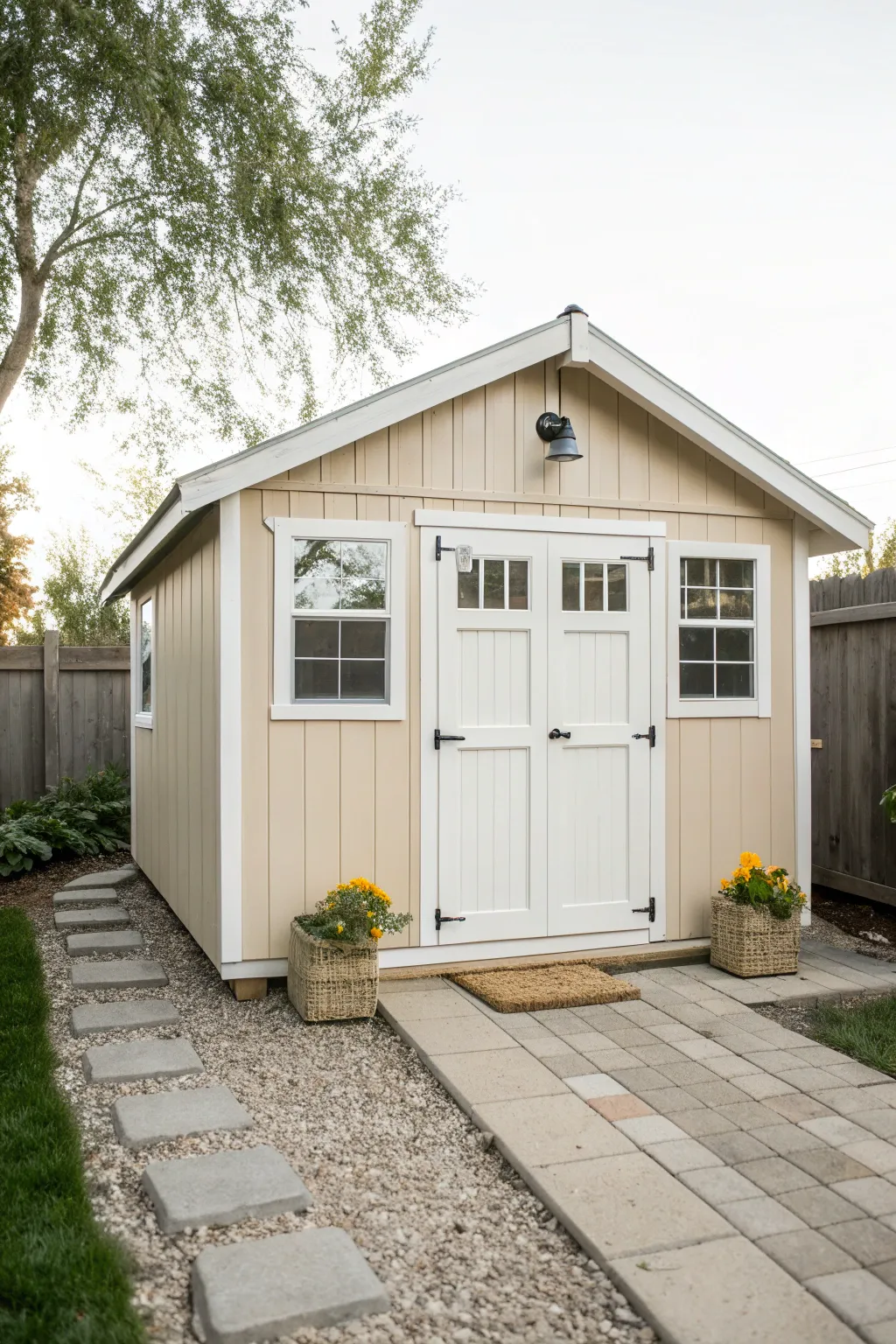 Classic two-tone shed with crisp white trim, tiny-house polish for a tidy garden corner