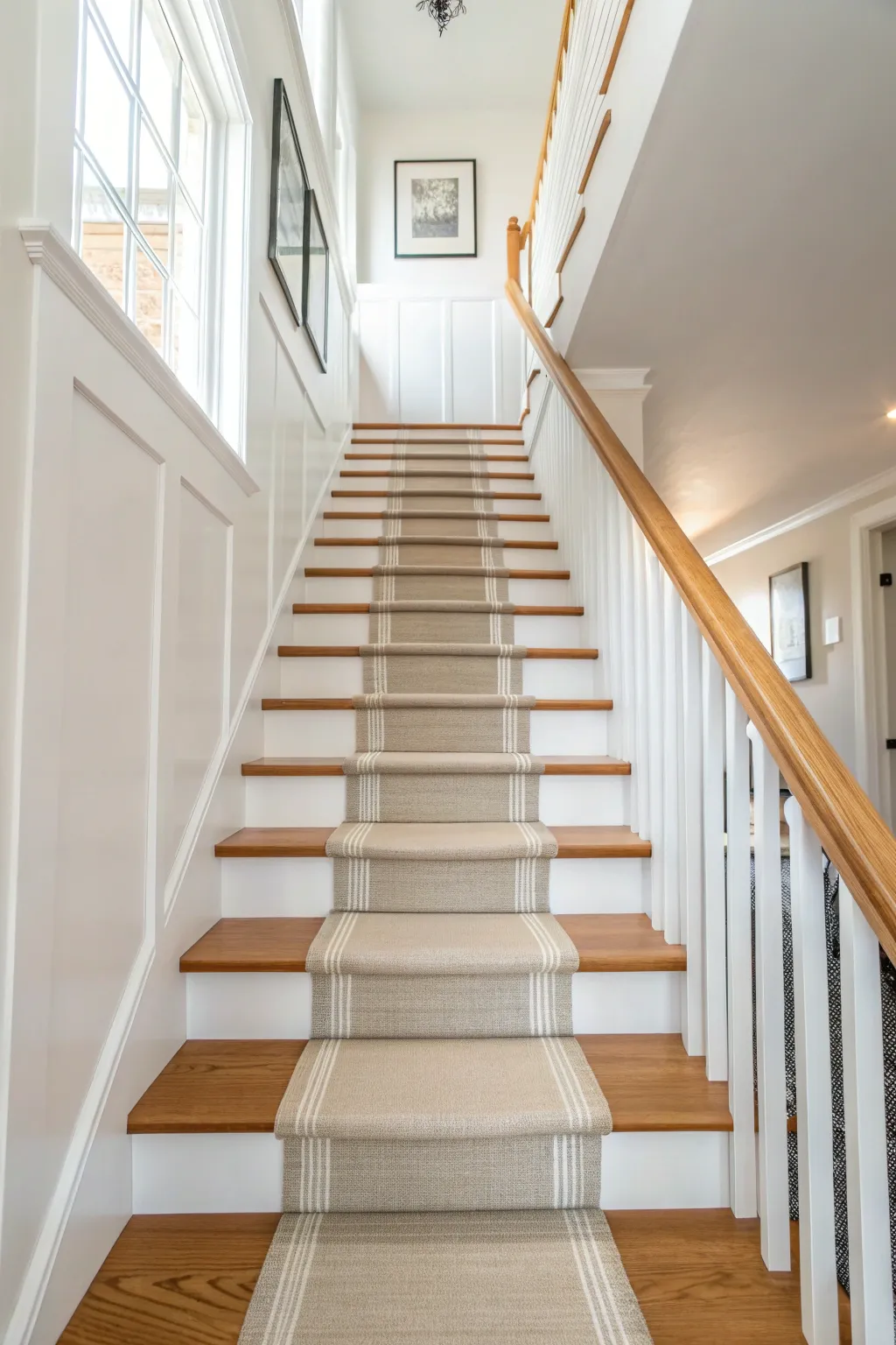Crisp white risers paired with a neutral striped runner for a timeless, airy stair refresh