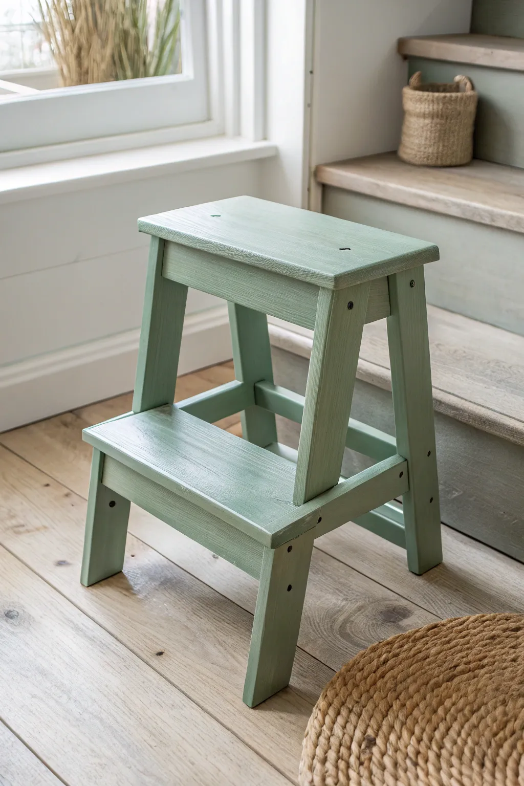 Classic solid-color step stool refresh in calming sage with clean Scandinavian simplicity