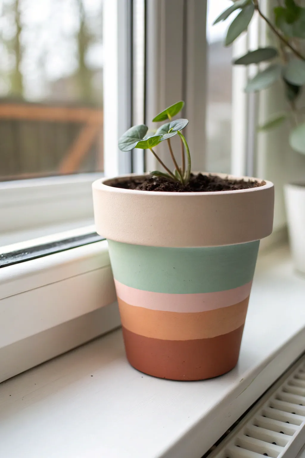 Minimal color-block terracotta pot on a bright windowsill, Scandinavian calm with boho warmth.
