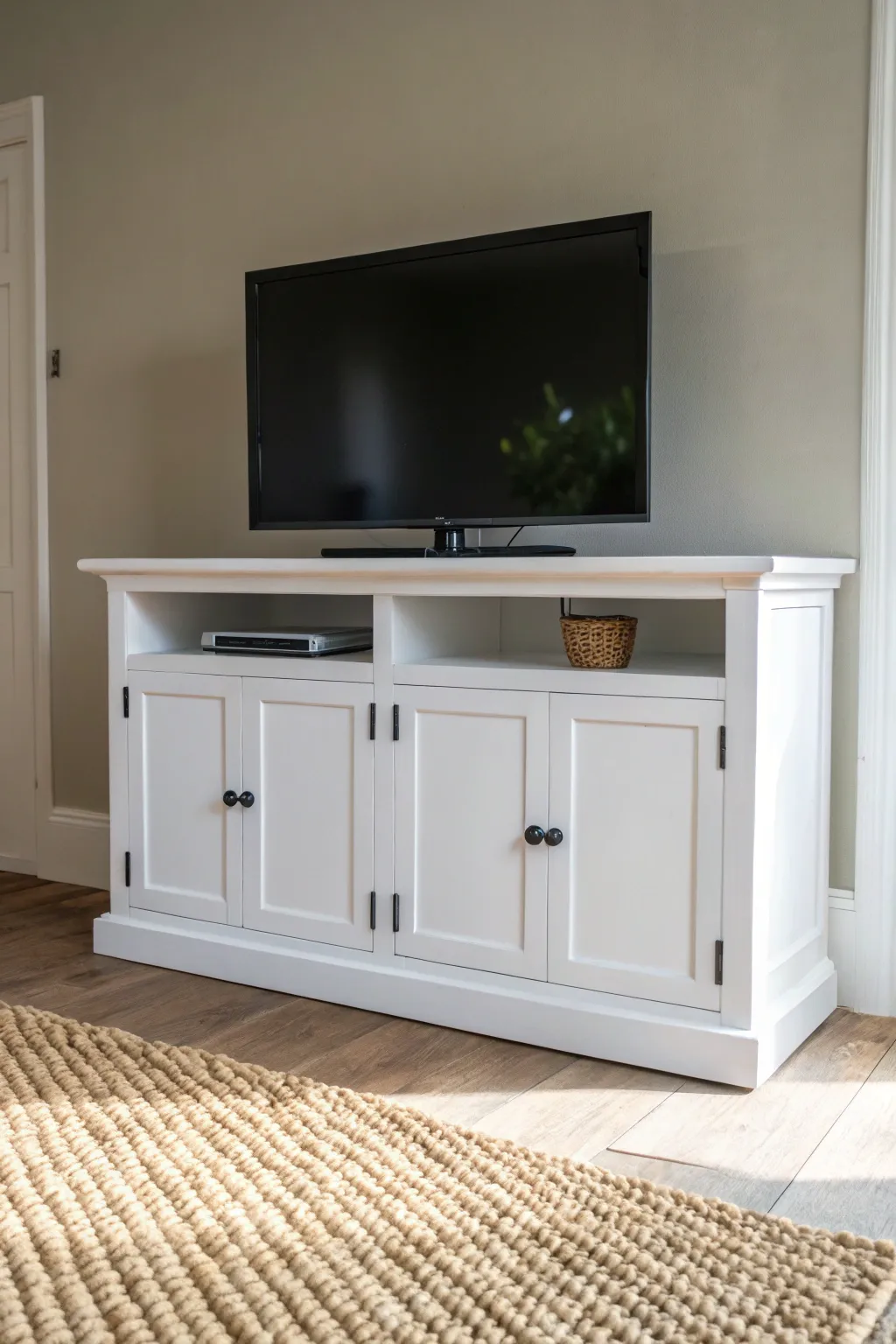 Classic crisp white TV stand makeover, clean lines and soft daylight for a brighter room.