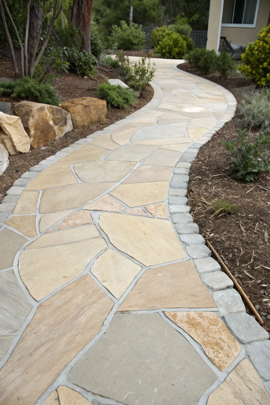 Warm neutral faux flagstone walkway with crisp painted grout lines for effortless garden charm