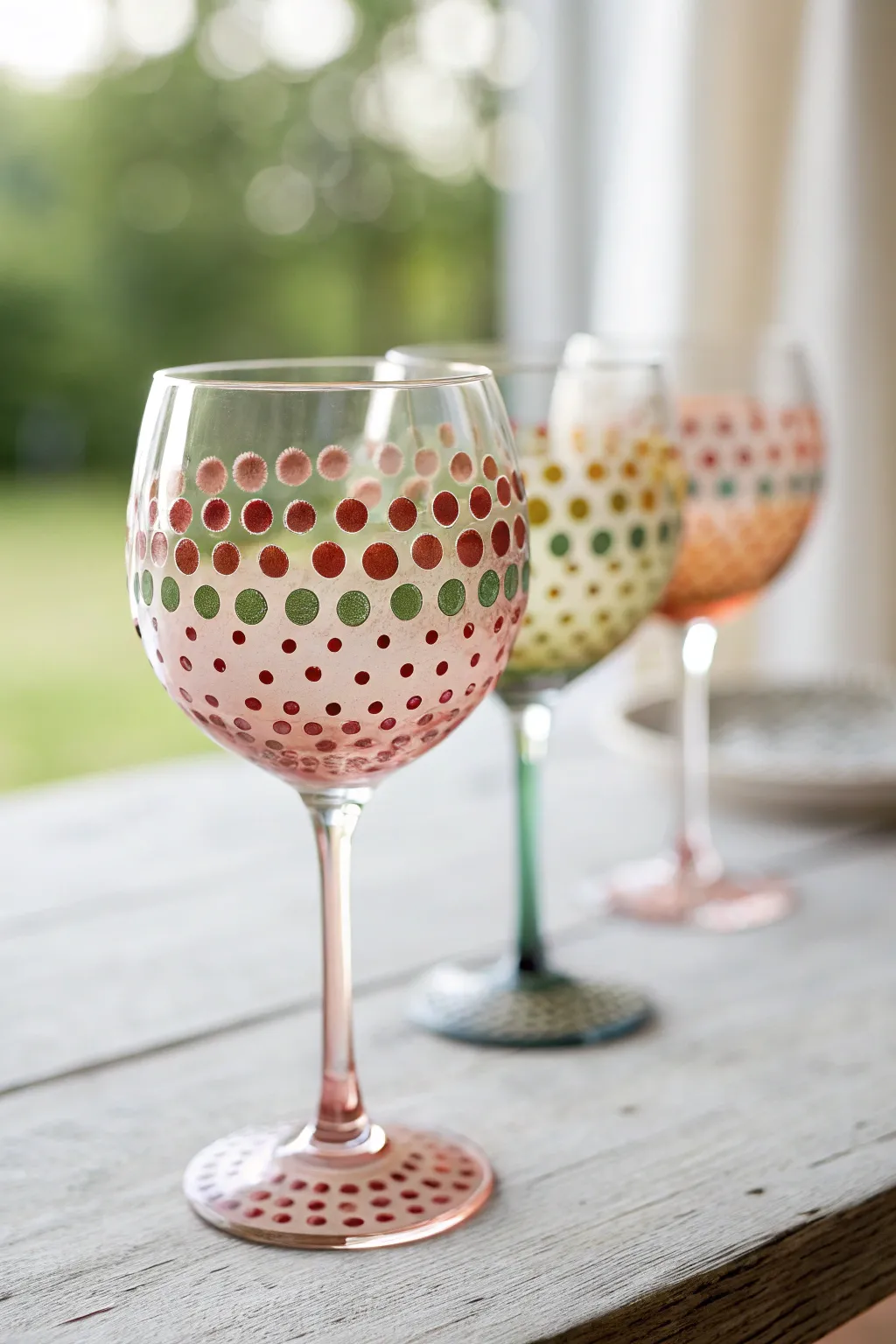 Polka dot confetti wine glasses with a soft fade for a playful, modern handmade look.