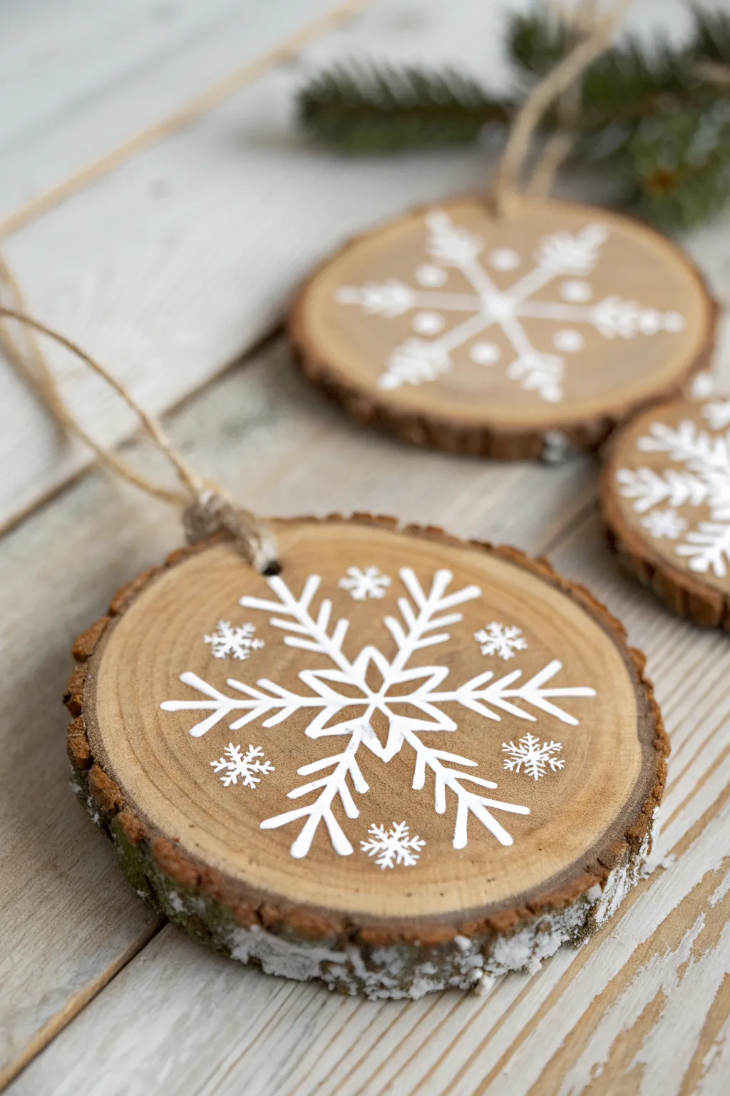 Rustic wood slice ornament with crisp white snowflakes, minimalist Scandinavian holiday charm