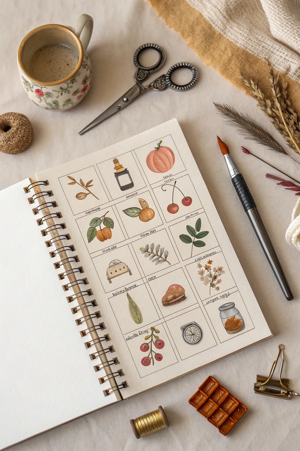 30 tiny everyday-object mini paintings arranged like a calm prompt calendar on one page.