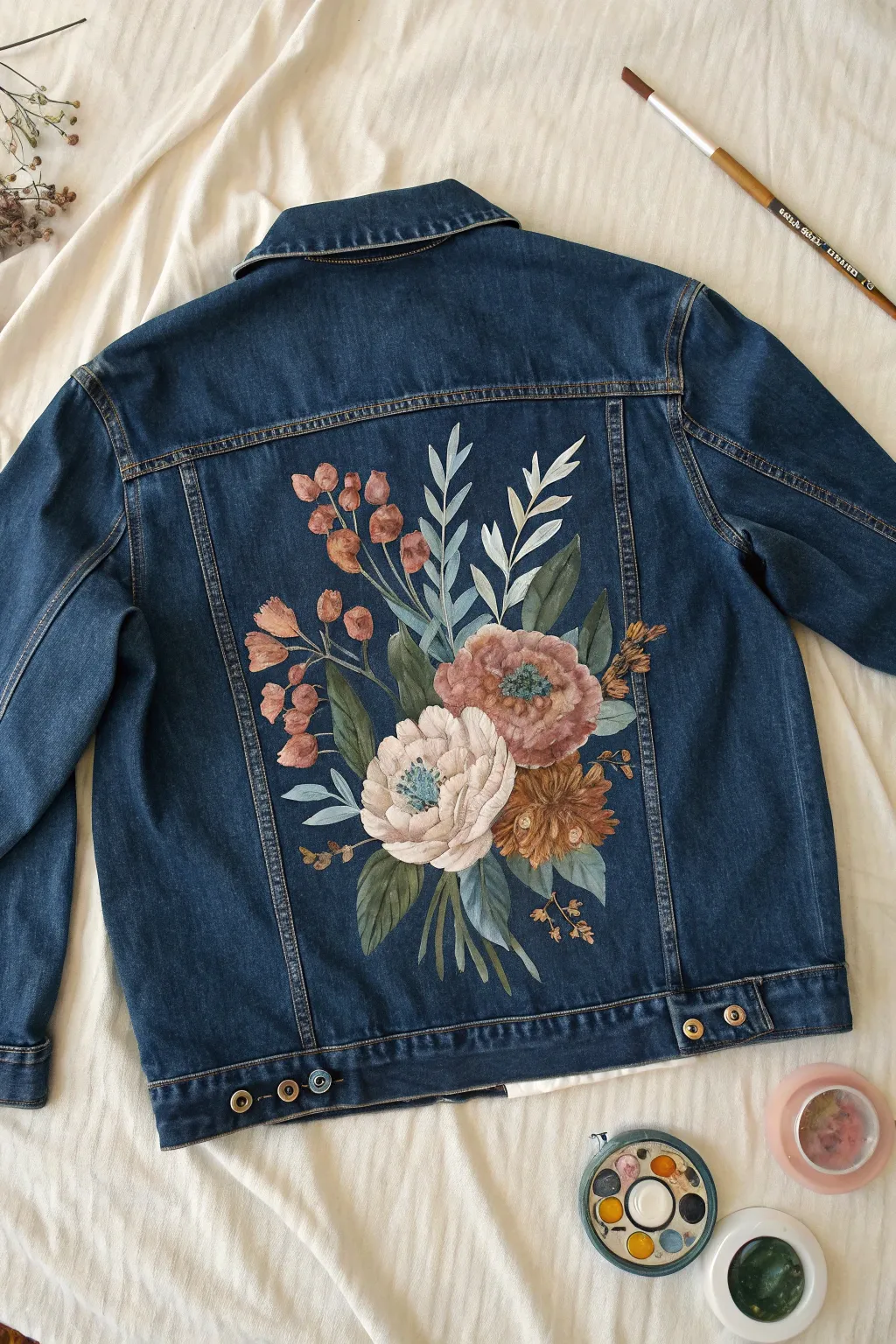 Flat-lay denim jacket with a painted floral bouquet for a chic back-of-jacket statement