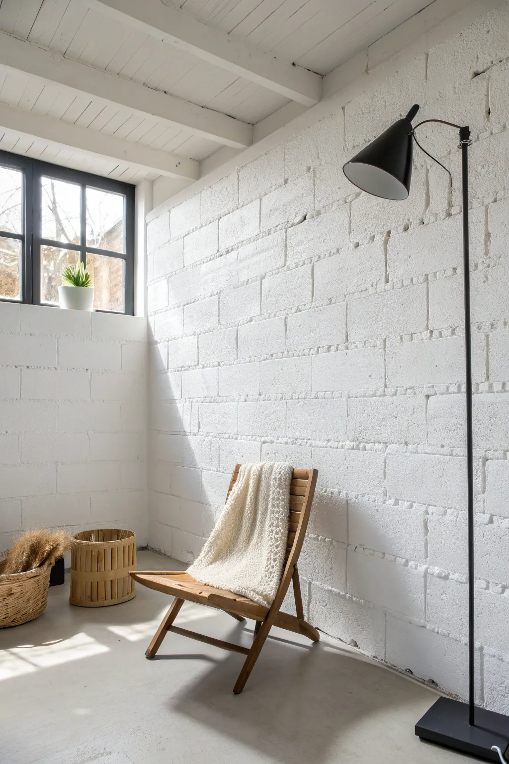 Bright white painted concrete blocks reflecting window light for an airy, cozy basement corner.