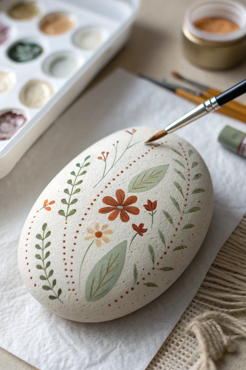 Painted rock mini masterpieces in soft neutral tones, captured mid-brush for calm crafty vibes.