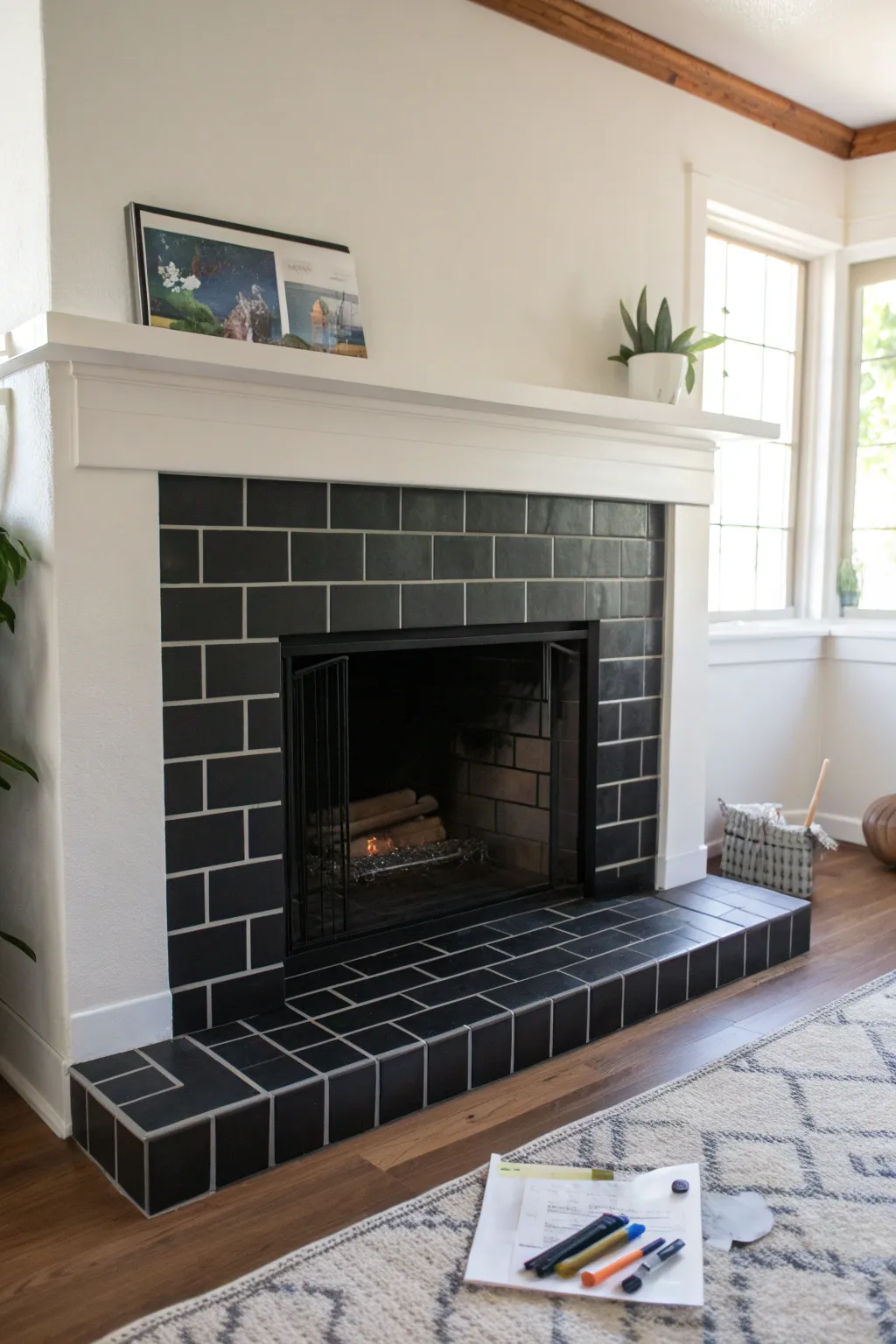 Matte black fireplace tiles create bold contrast against light walls in a calm minimalist space.