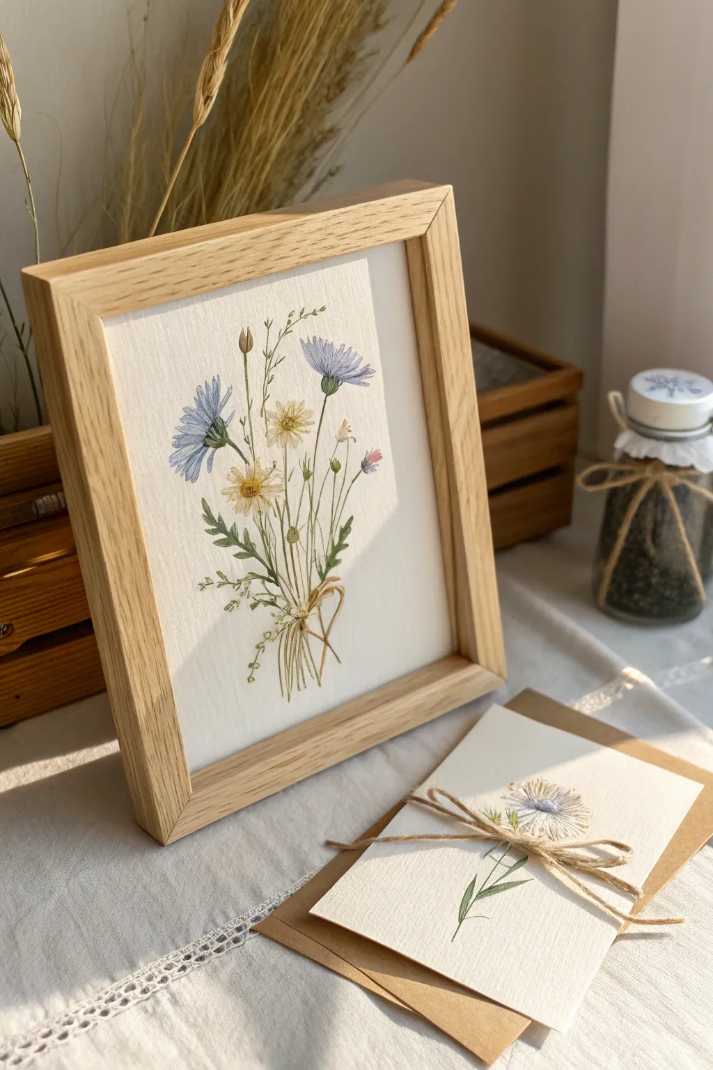 Framed watercolor flowers with a blank handwritten note card for a timeless, heartfelt gift