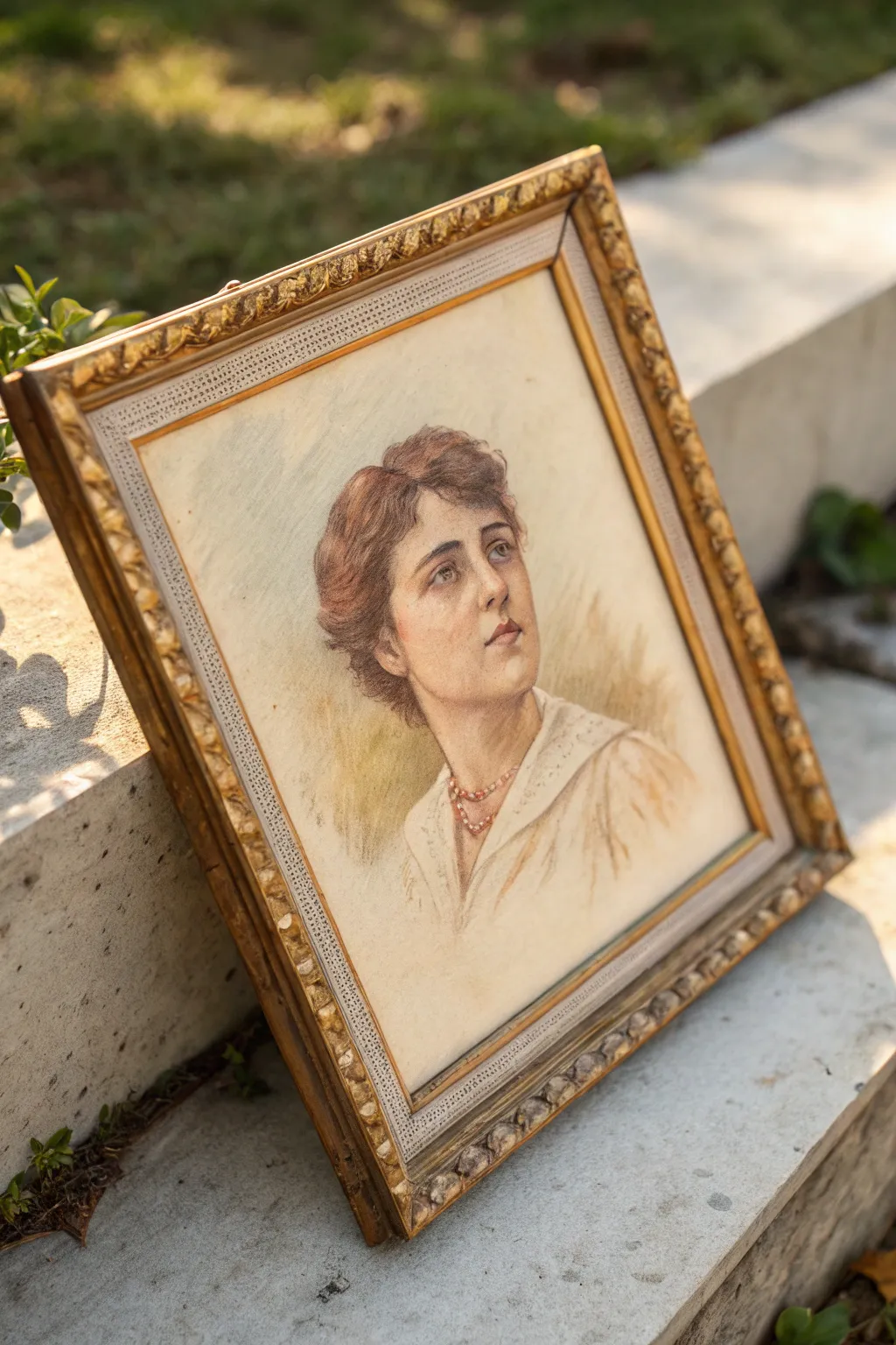 Sepia portrait painting with a hand-painted gilded frame and soft patina for vintage elegance