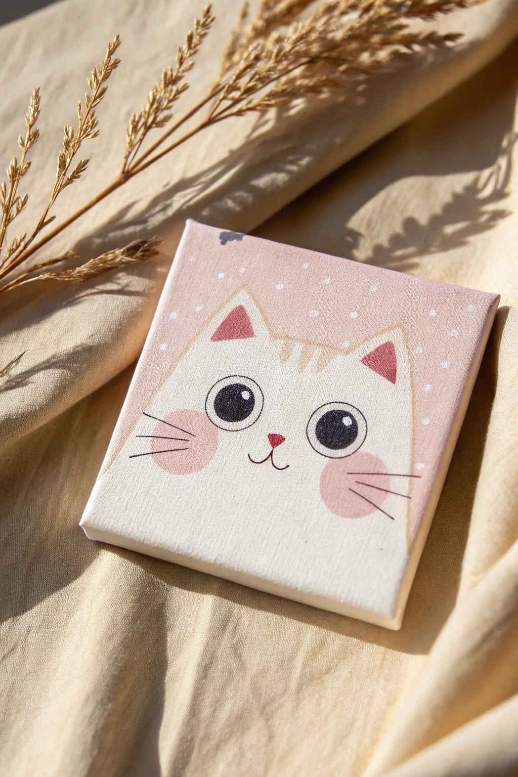 Chubby pastel cat with big sparkly eyes, a cute minimalist painting idea on a tiny square canvas