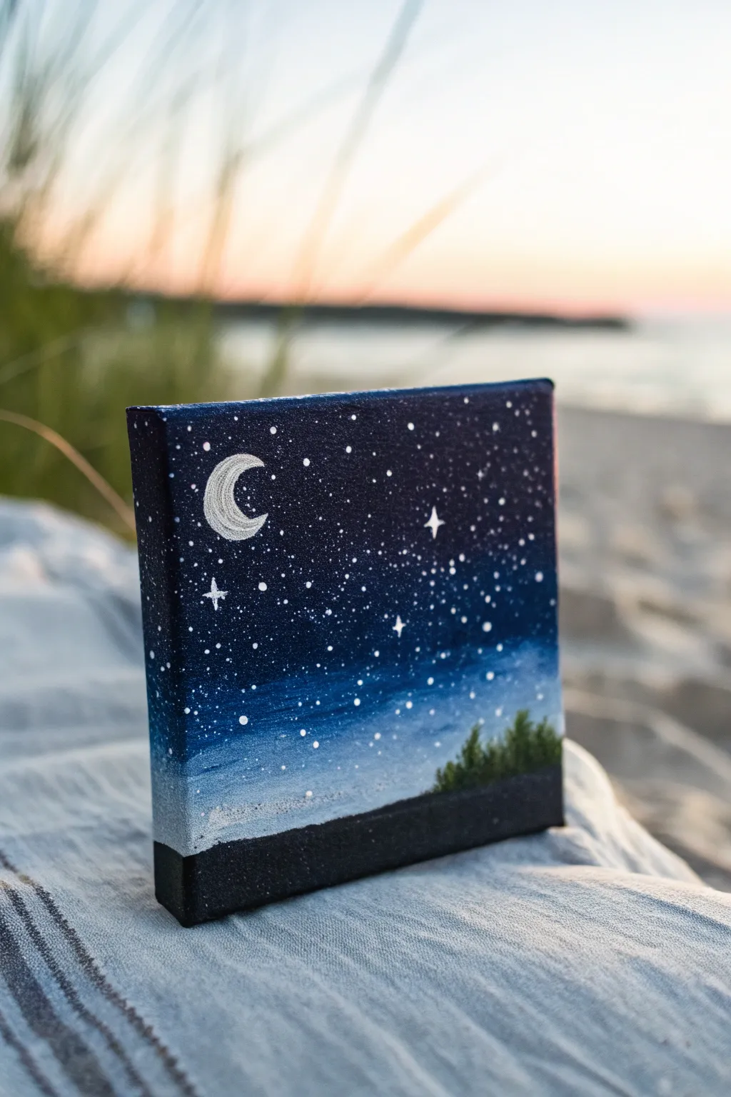 Dreamy night-sky canvas with splatter stars and a softly glowing moon in deep blue tones