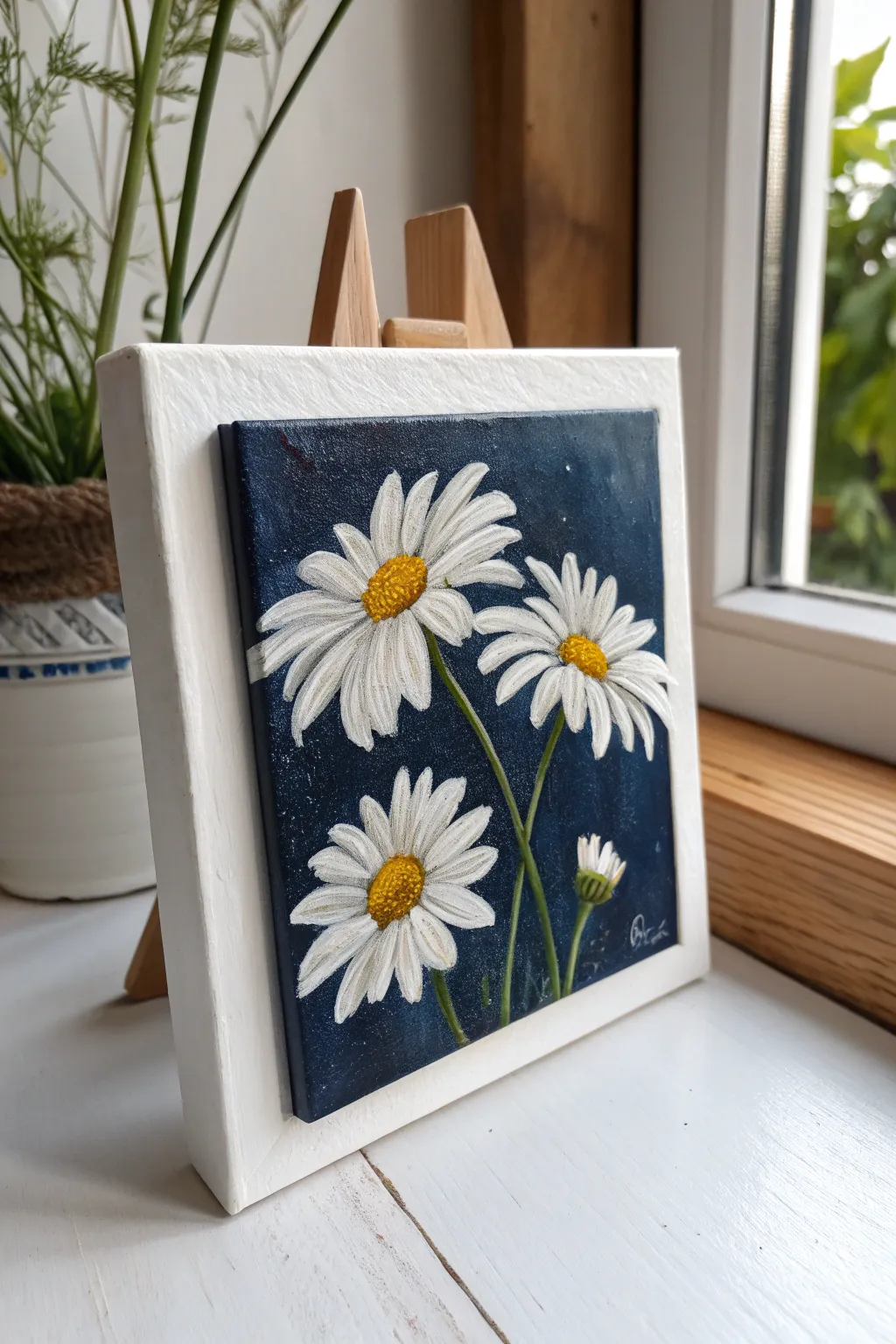 Simple white daisies on deep navy: clean, high-contrast brushstrokes with a handmade feel