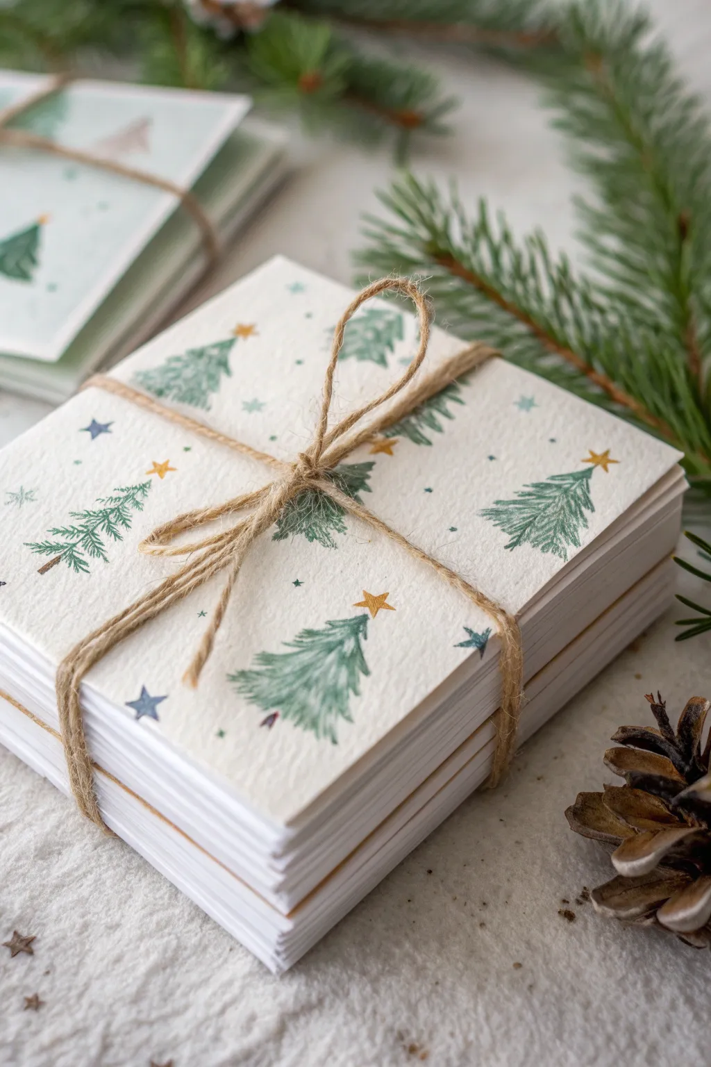 Handmade watercolor Christmas cards, twine-tied and mid-paint for a cozy gift-making moment