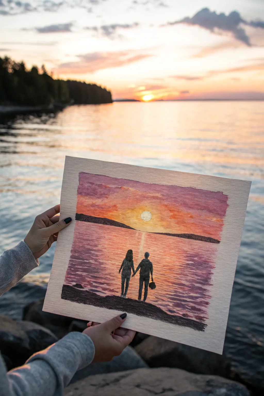 Paint a romantic sunset silhouette of you two holding hands, simple, warm, and gift-worthy