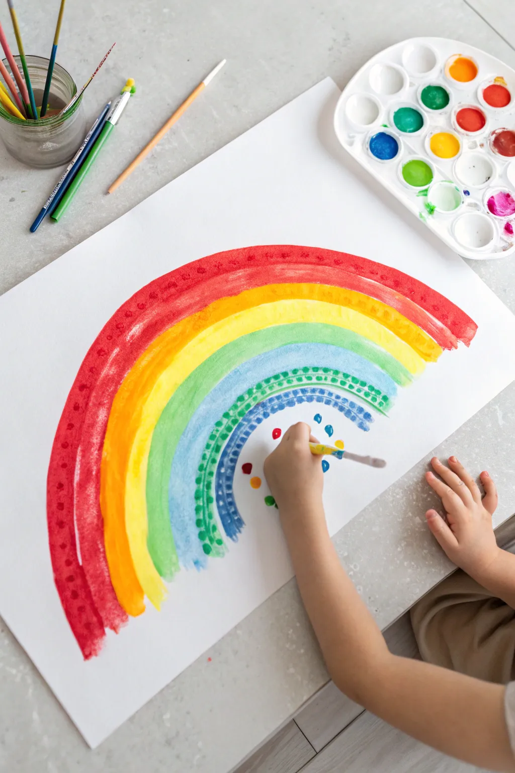 Rainbow finger painting magic: little hands swiping bright color across crisp white paper