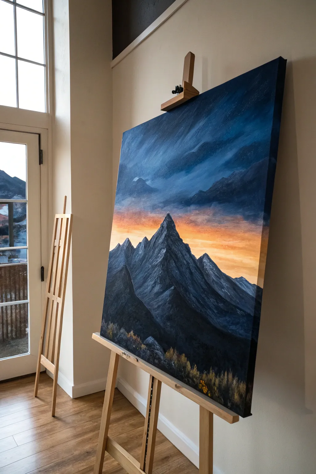 Moody dusk mountain canvas in deep blues and charcoal, finished with a thin warm horizon glow
