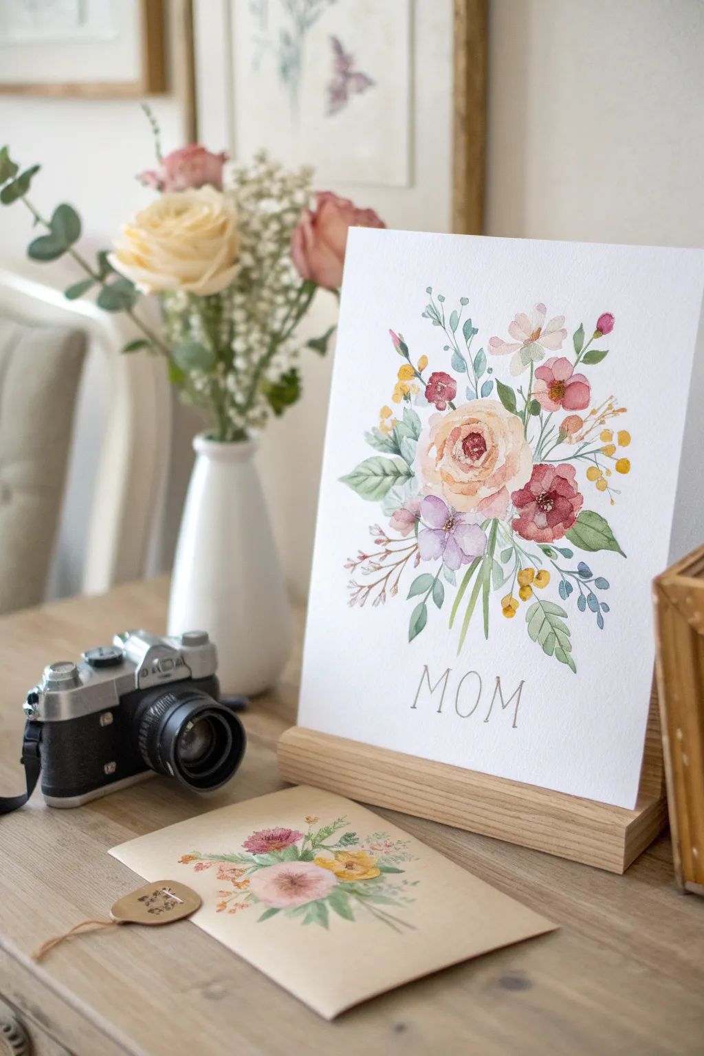 A classic floral bouquet painting for Mom, styled with Scandinavian minimalism and boho warmth