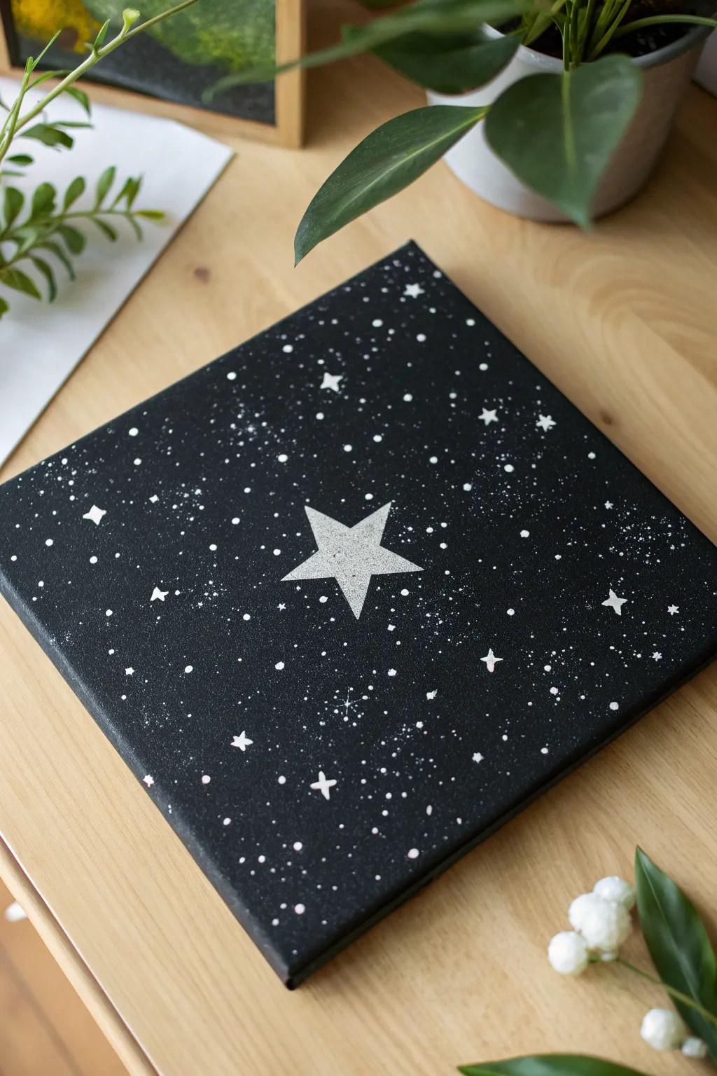 Easy black background starry sky: splatter stars and one soft galaxy glow in the center.
