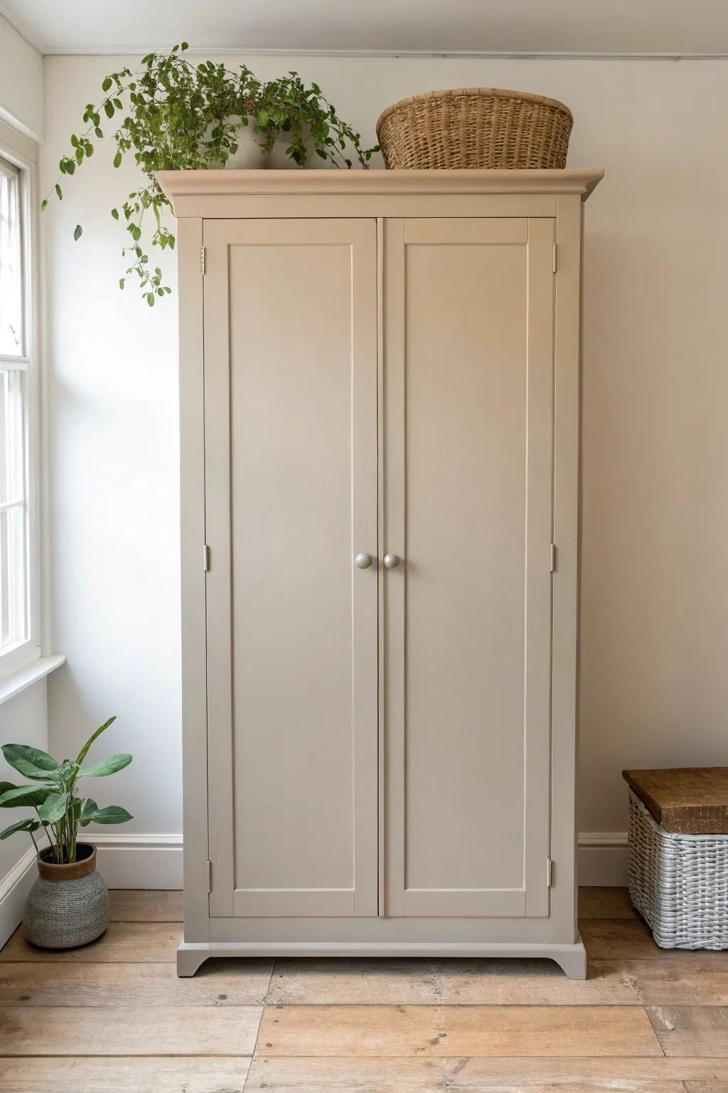 A classic warm-neutral wardrobe makeover: smooth paint, clean lines, cozy minimalist styling.