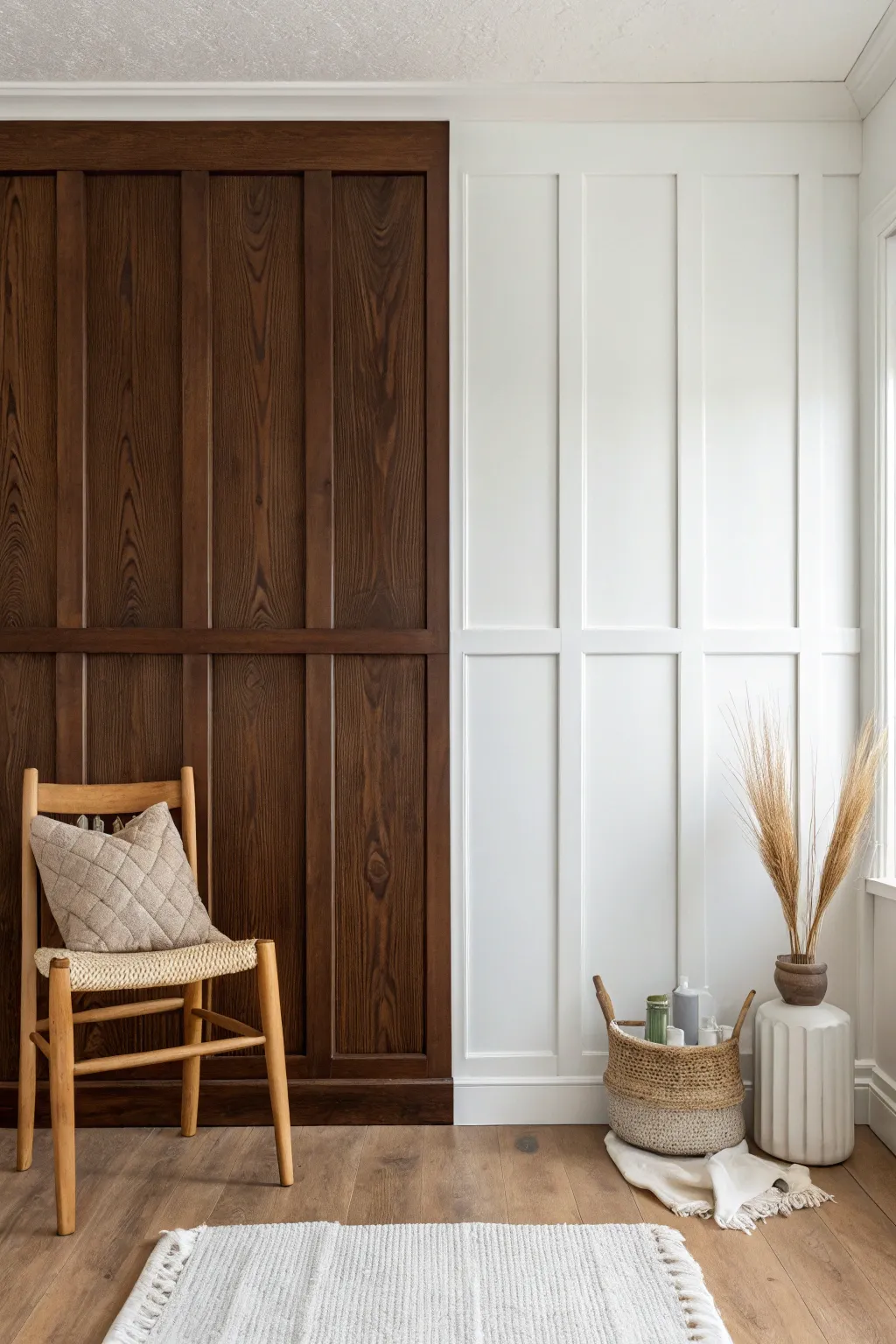 Dark wood to crisp white paneling for an instant Scandinavian refresh with cozy minimal warmth