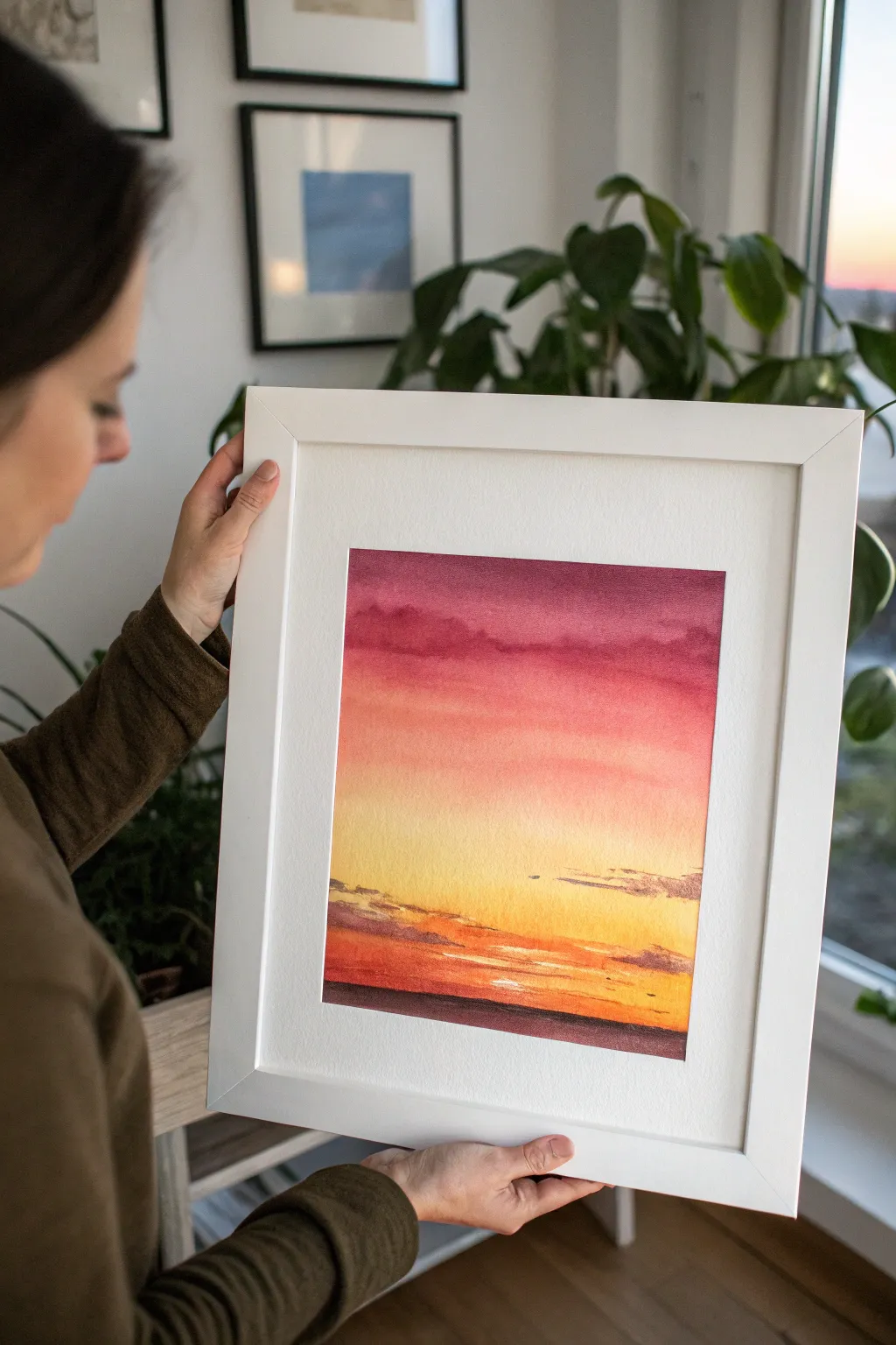 Paint a soothing sunset gradient with one simple horizon line and airy cloud streaks.