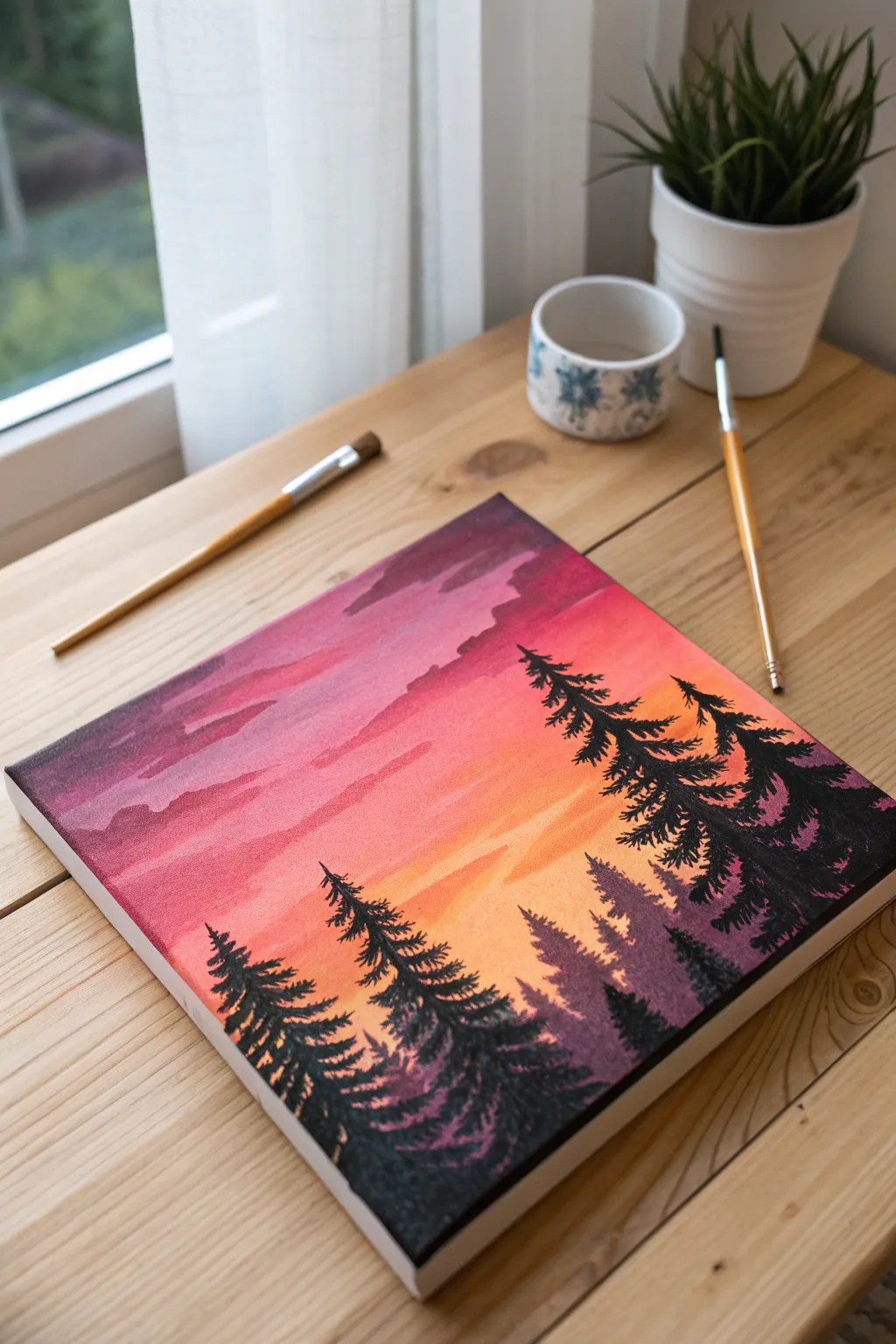 Capture the beauty of dusk with this simple yet stunning sunset silhouette painting idea.