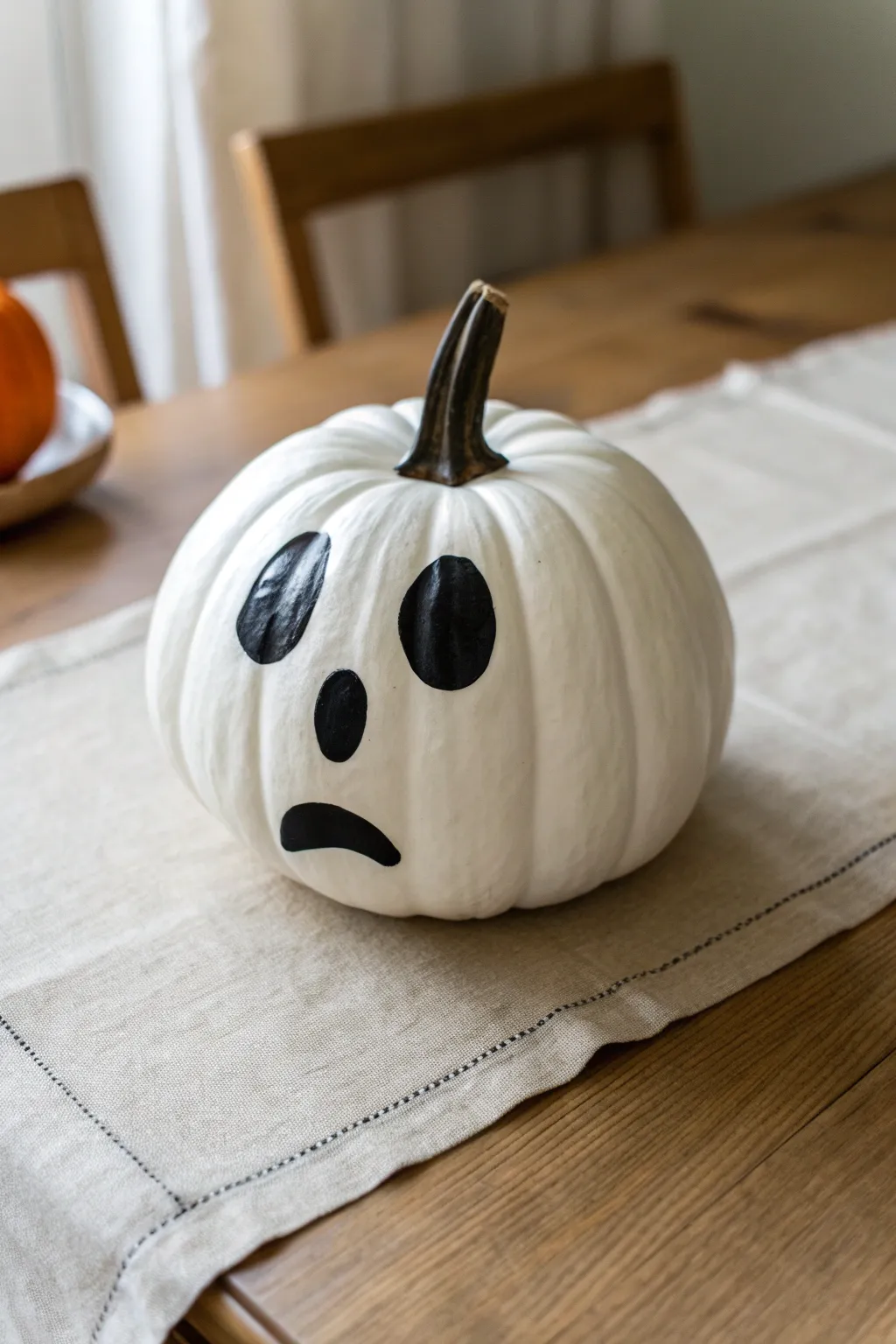 Classic black ghost face on a white pumpkin, minimalist Scandi-boho Halloween centerpiece