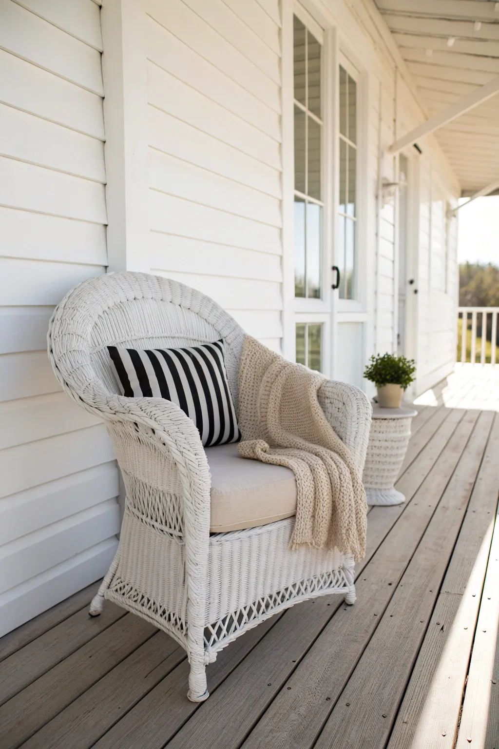 Crisp white wicker porch chair with striped cushion and cozy throw for airy minimal charm