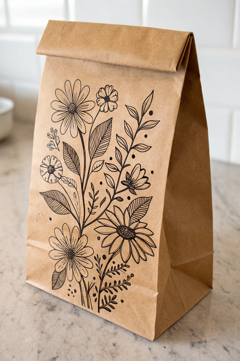 Brown paper bag with bold black floral bouquet line art and soft color pops, front view.