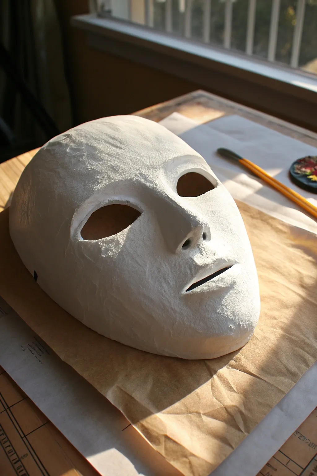 Smooth paper mache mask base with clean eye holes, ready to custom-fit and decorate.