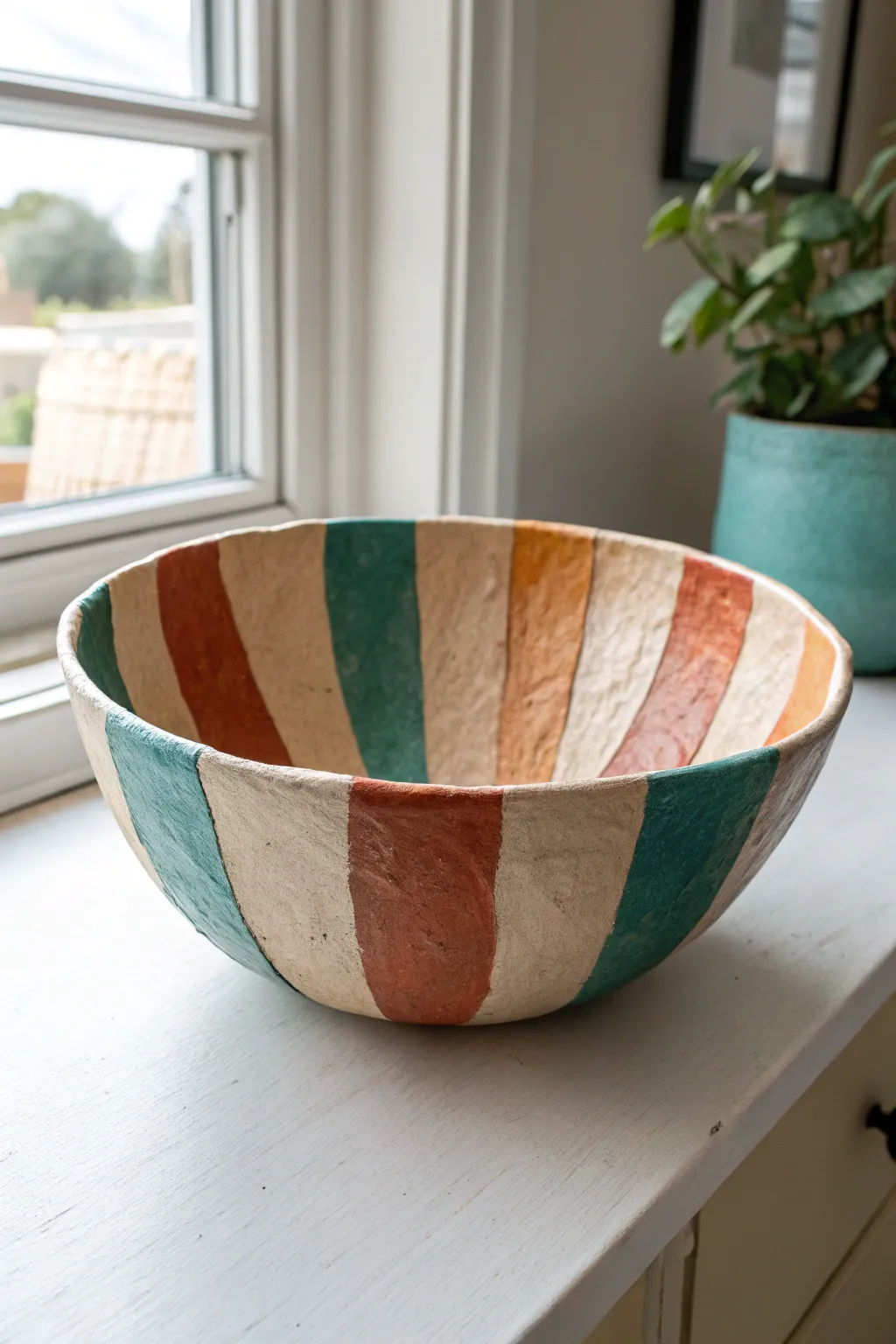 Bold color blocks meet handmade texture in this minimalist paper mache bowl idea for beginners