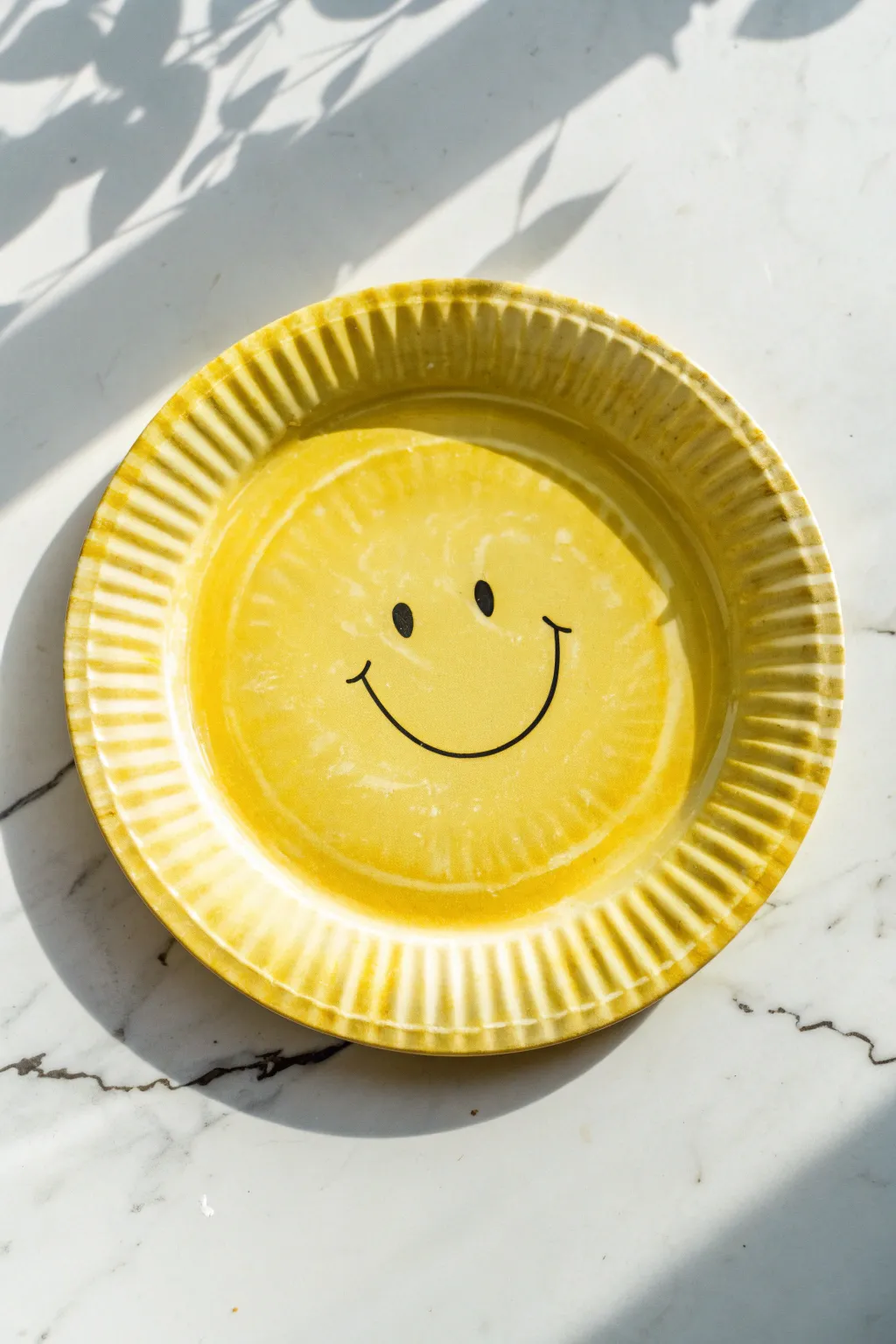 Smiley sun face paper plate in sunny yellow, minimalist rays, bright and cheerful DIY.