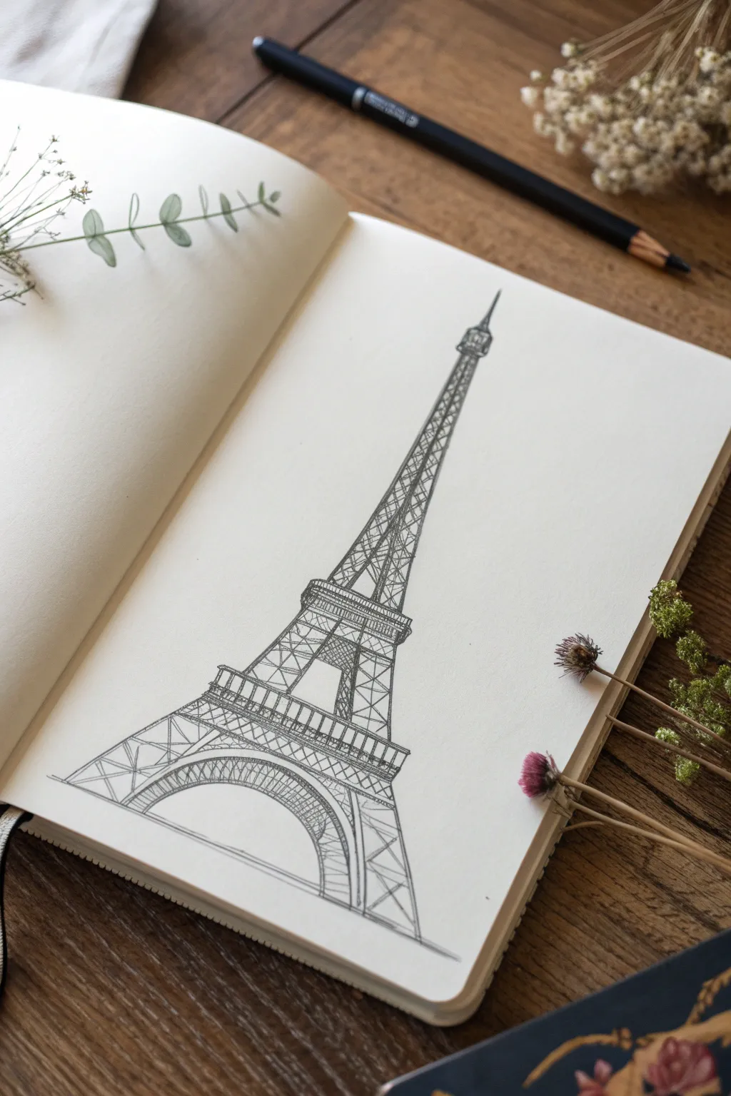 Simple Eiffel Tower outline in graphite, clean lines and subtle shading on crisp white paper.