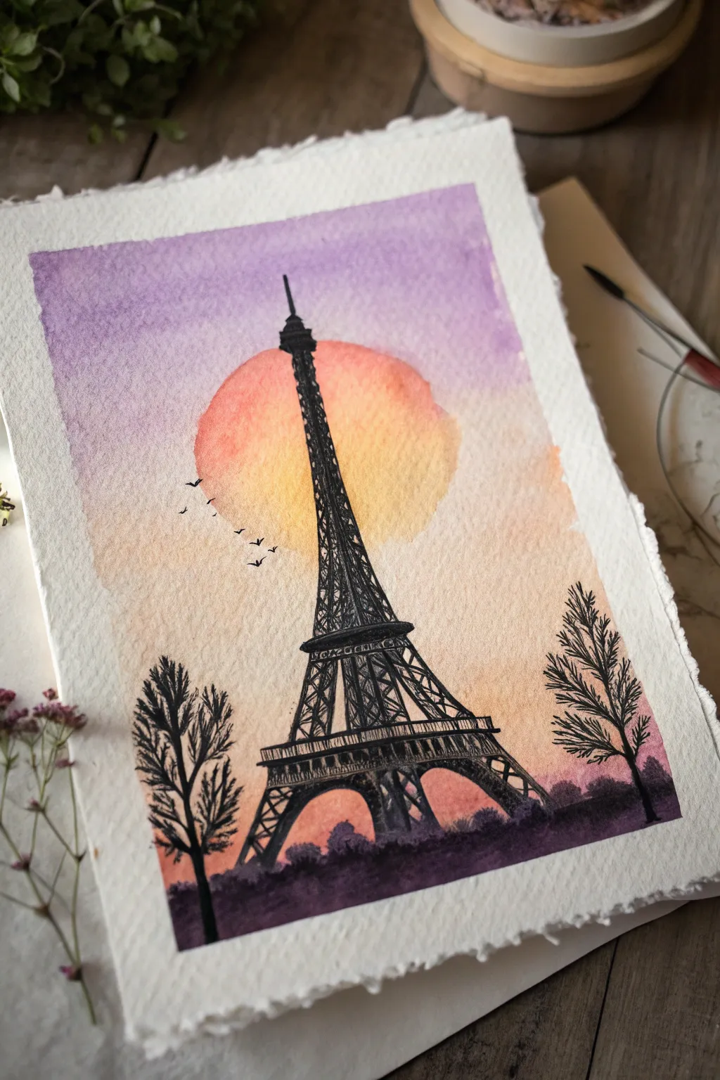 Minimal Eiffel Tower sunset painting idea in peach and purple for a calm Paris inspired sketch