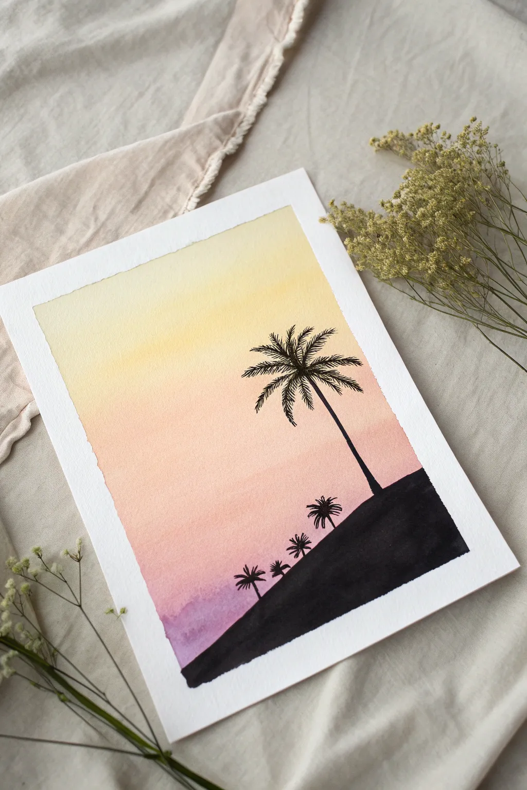 Dreamy pastel sunset gradient with a bold palm silhouette, minimalist and easy to recreate