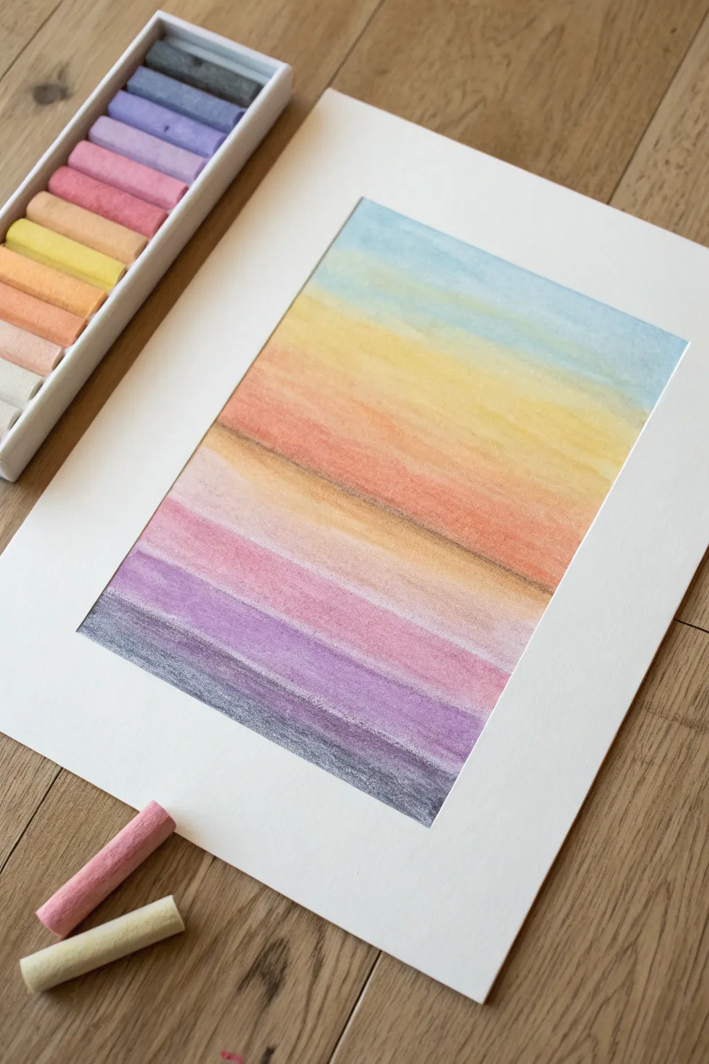 Create a classic sunset gradient in pastels with soft blends and a crisp dark horizon line.
