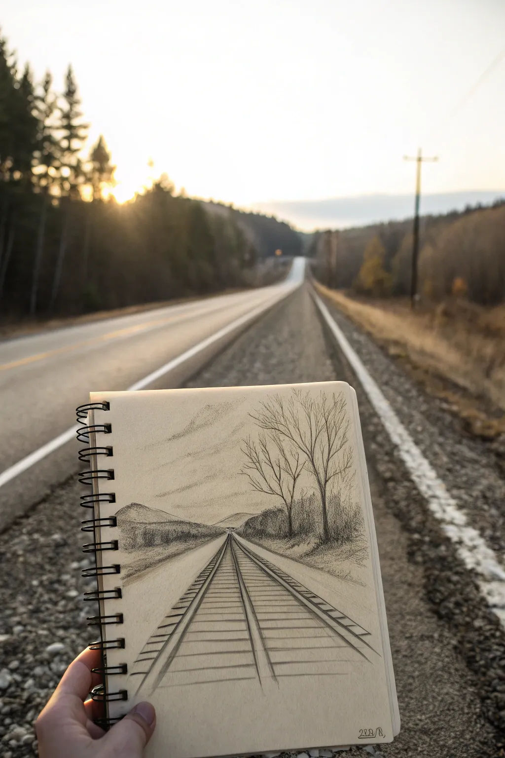 Draw a classic one-point perspective road with fading lines for instant depth and calm minimal style