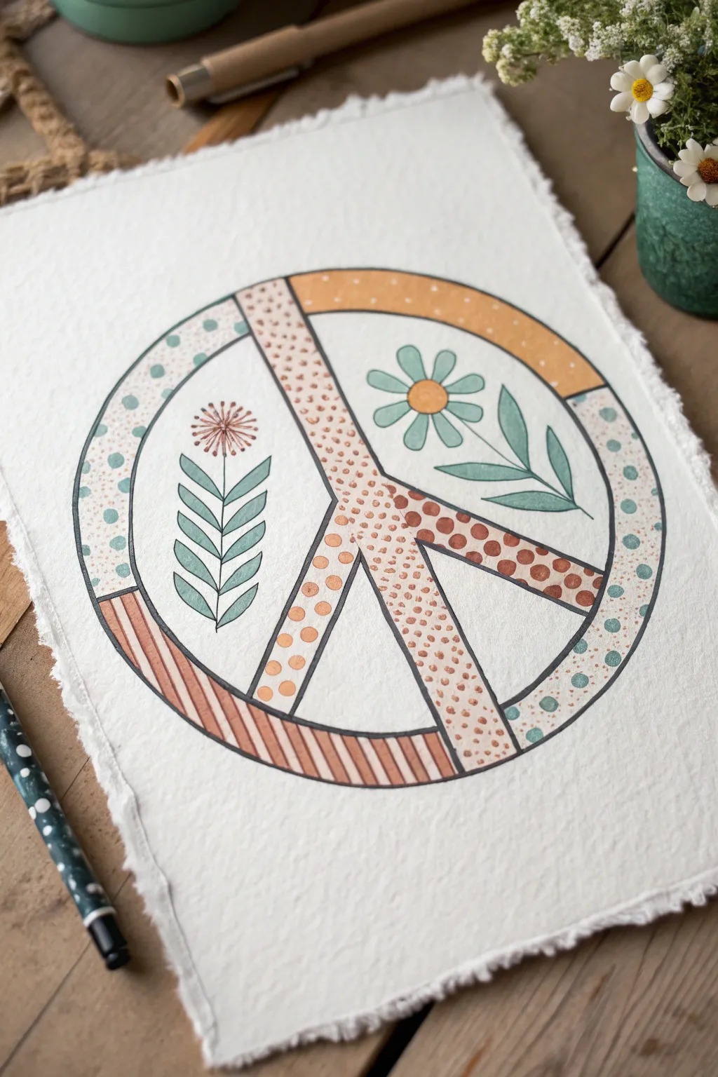 Classic peace sign with easy pattern fills in bold boho colors, clean and beginner friendly