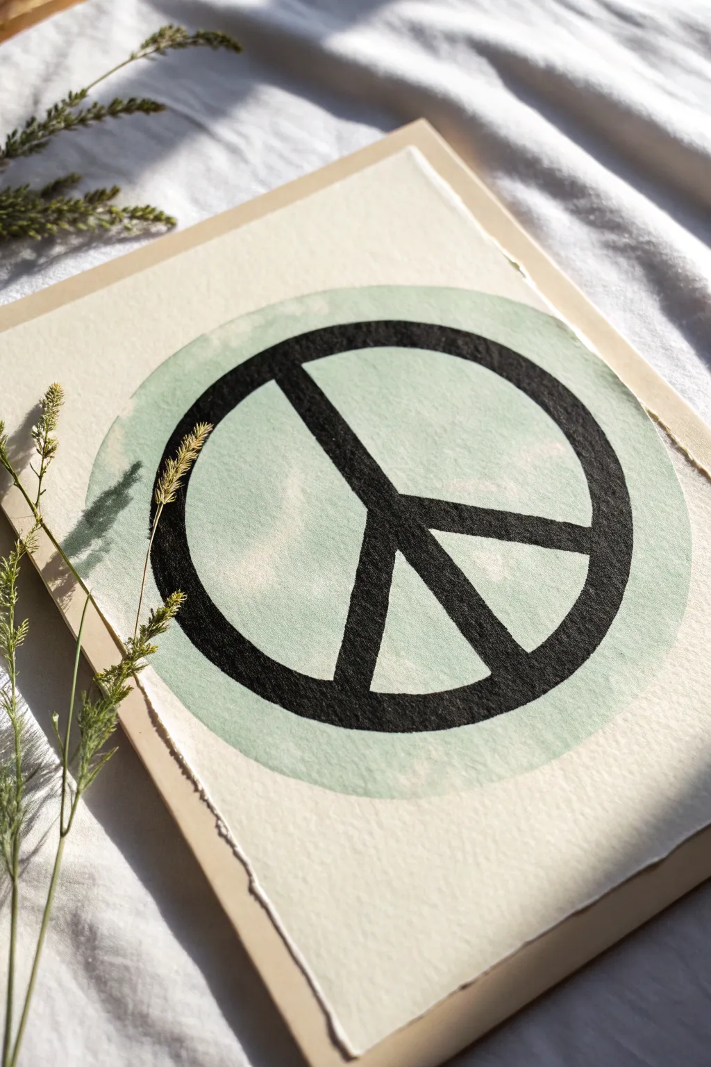 Simple peace sign silhouette in black and sage, minimalist Scandinavian calm with gentle shadow
