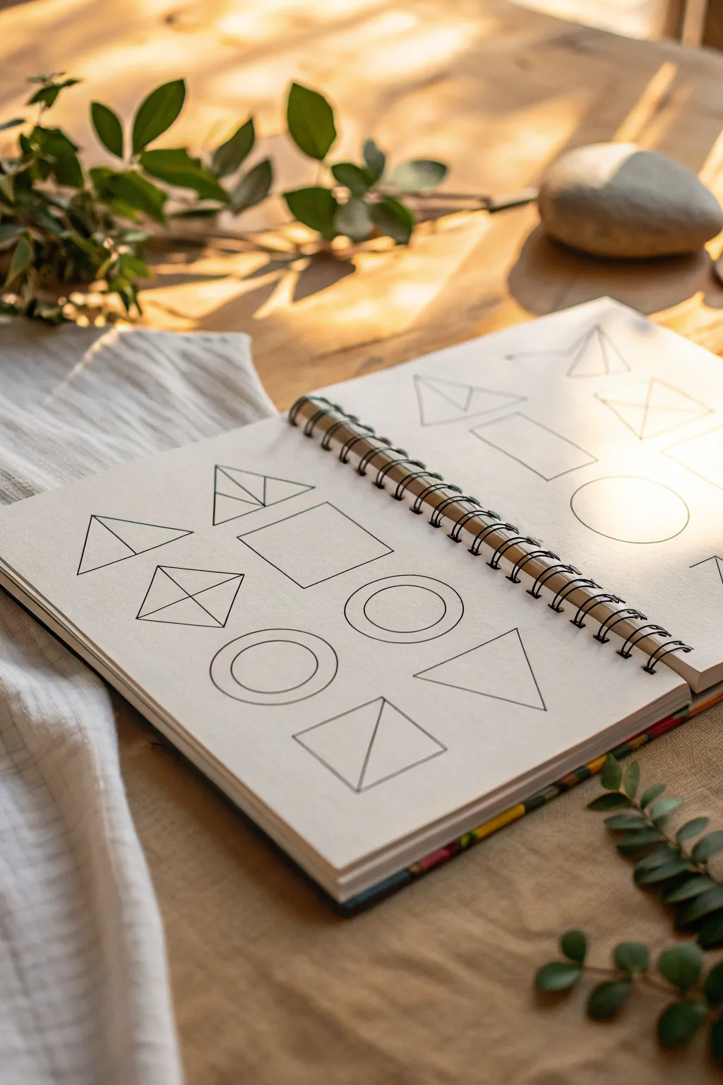 Geometric pencil patchwork: clean lines, bold shading, and calm minimalist Scandinavian vibes.