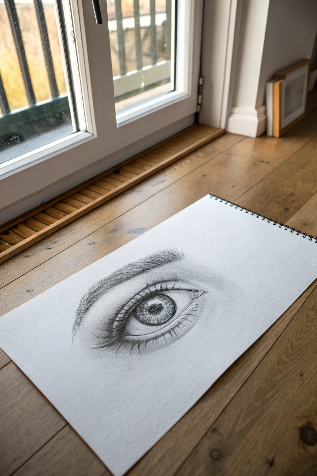Realistic eye close-up in graphite with a crisp highlight and soft shading on clean white paper