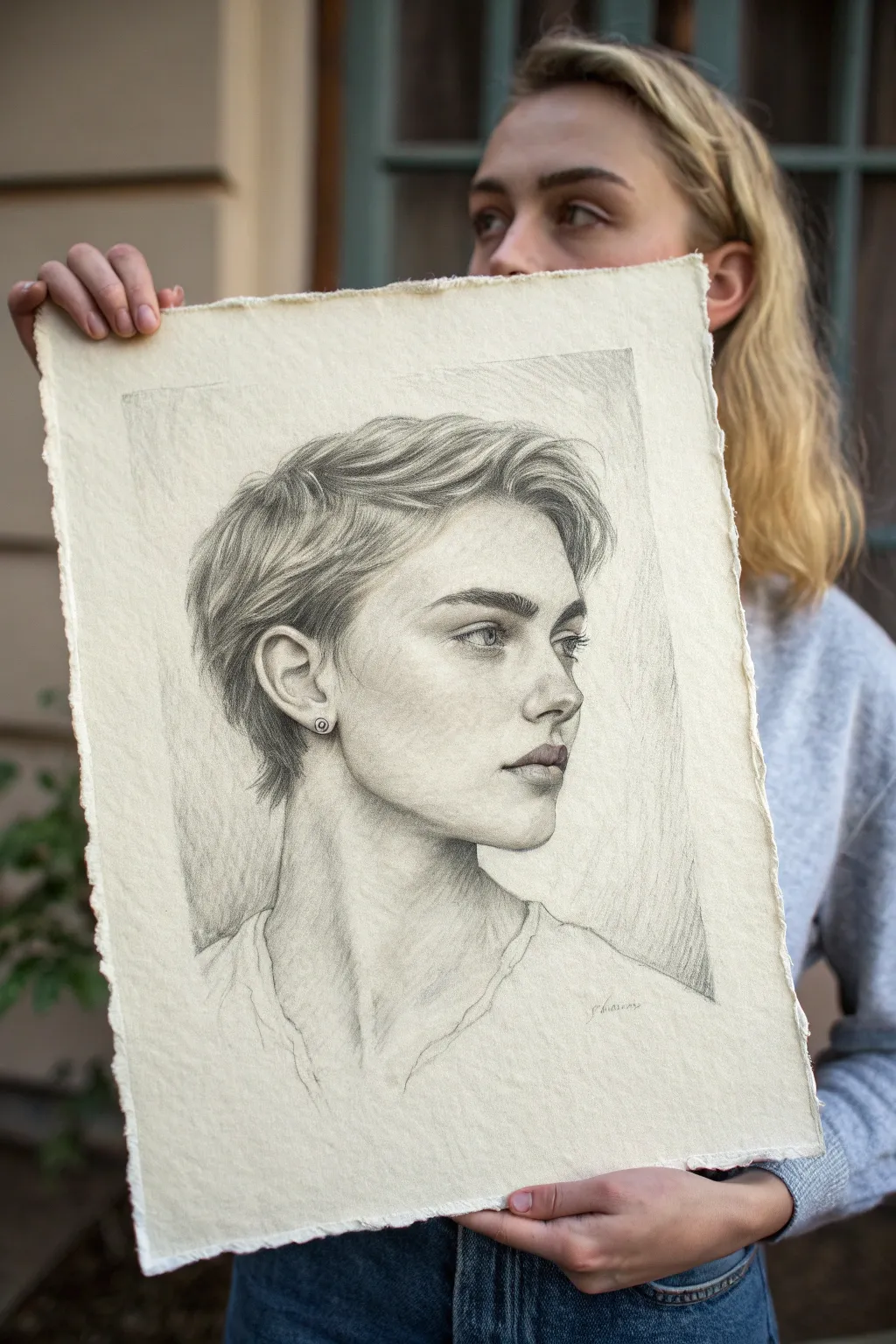 Classic front-view portrait sketch with clean proportions and soft pencil shading on ivory paper